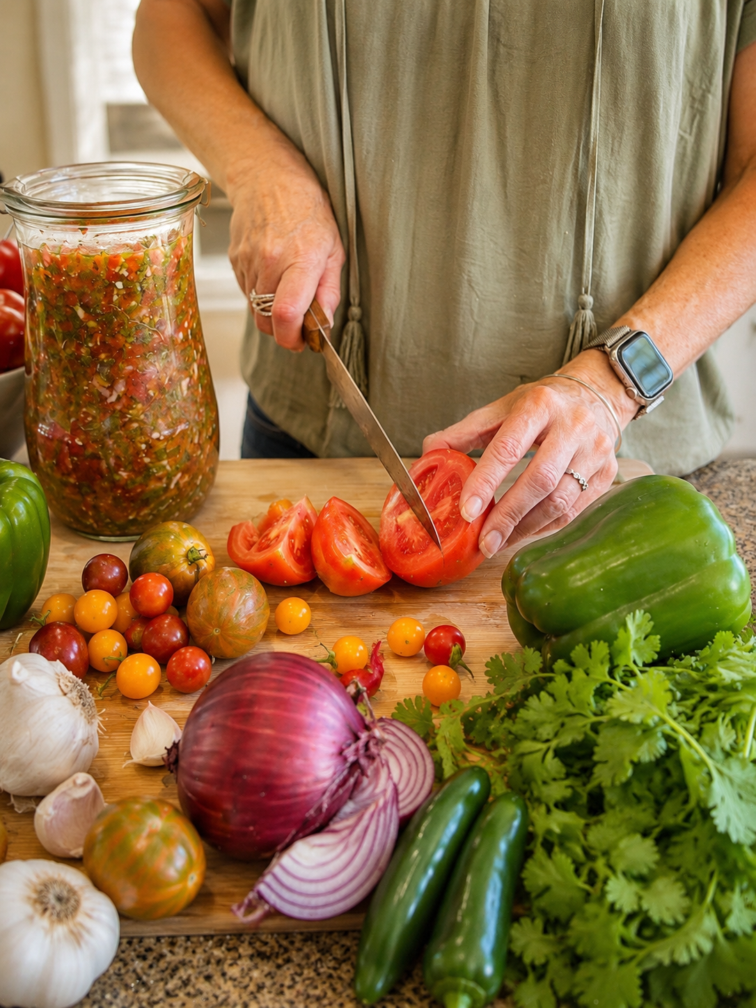 Fresh tomatoes and garden vegetables being chopped beside a jar of homemade fermented salsa.