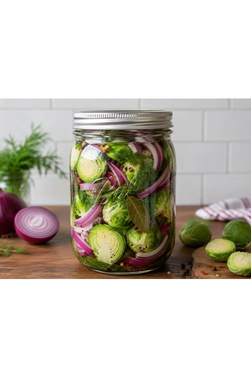 Homemade fermented Brussels sprouts with red onion, fresh dill, bay leaf, peppercorns, and red pepper flakes.