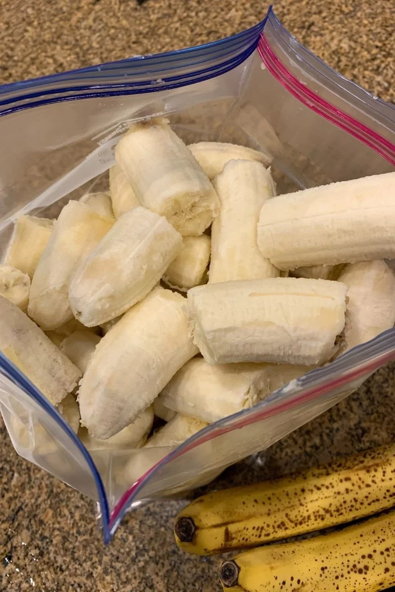 Ripe bananas cut into pieces and frozen for easy use in homemade green smoothies.