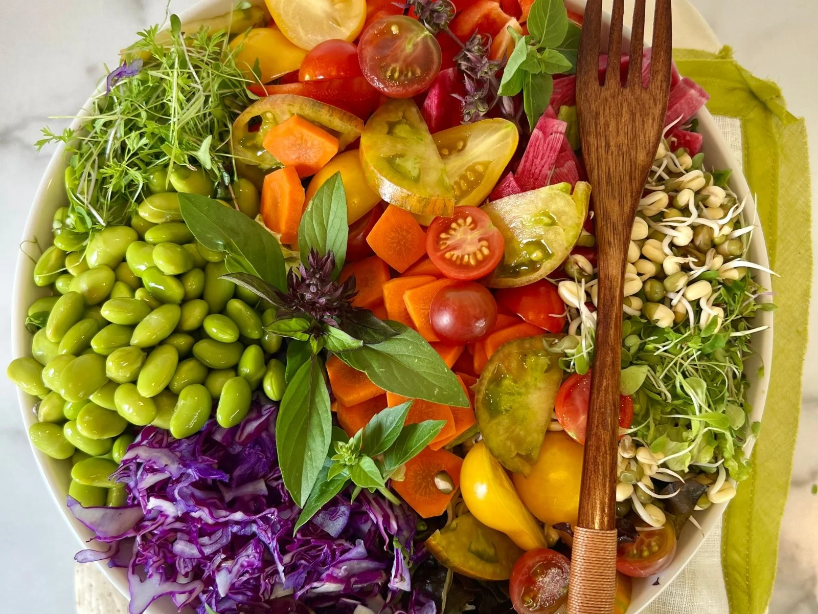 Colorful plant-based salad with edamame, cabbage, tomatoes, carrots, sprouts, and herbs shwoing a variety of whole plant foods