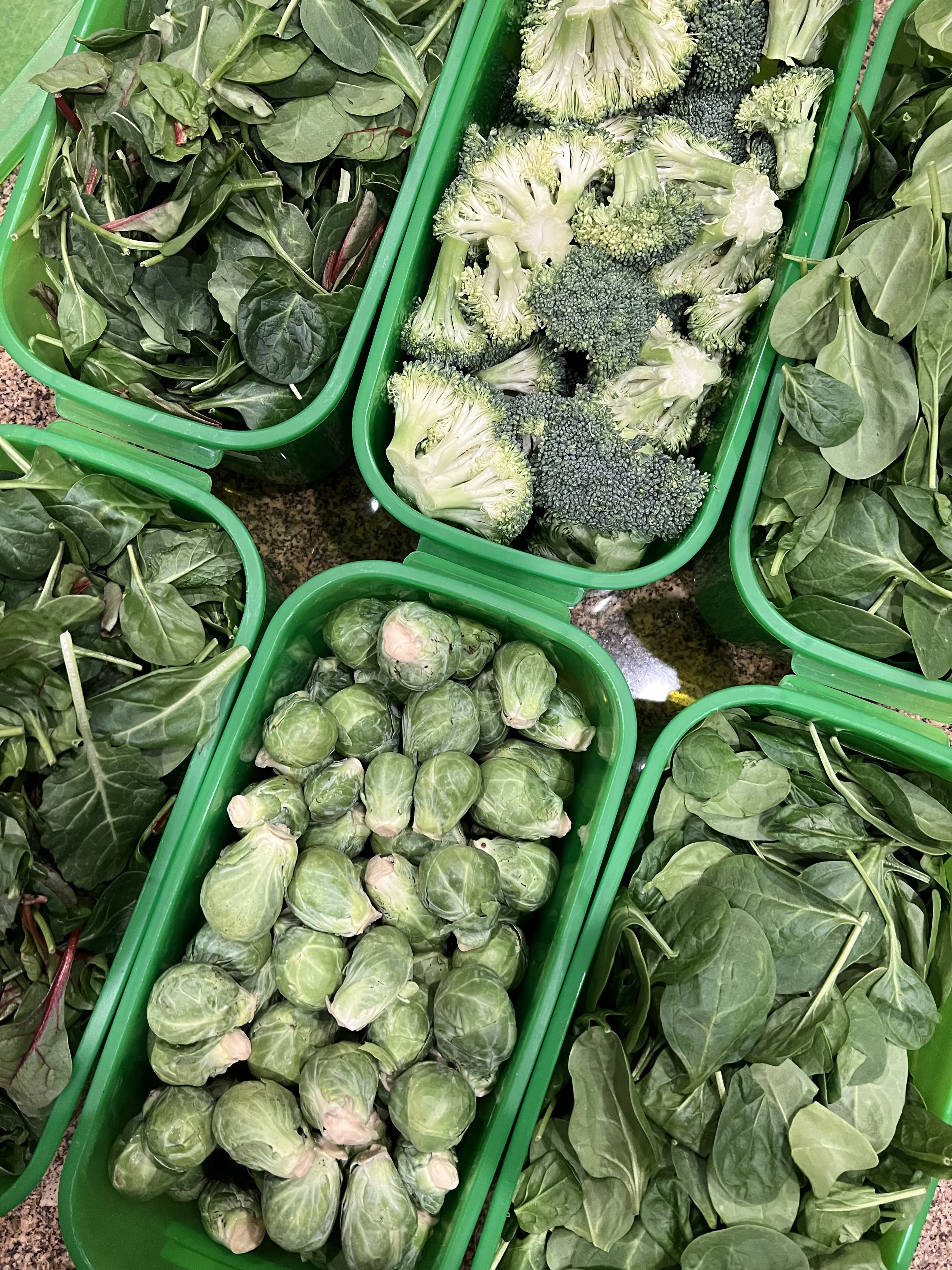 Leafy greens, broccoli, and Brussels sprouts ready for Dr. Brooke Goldner's Goodbye Autoimmune Protocol.