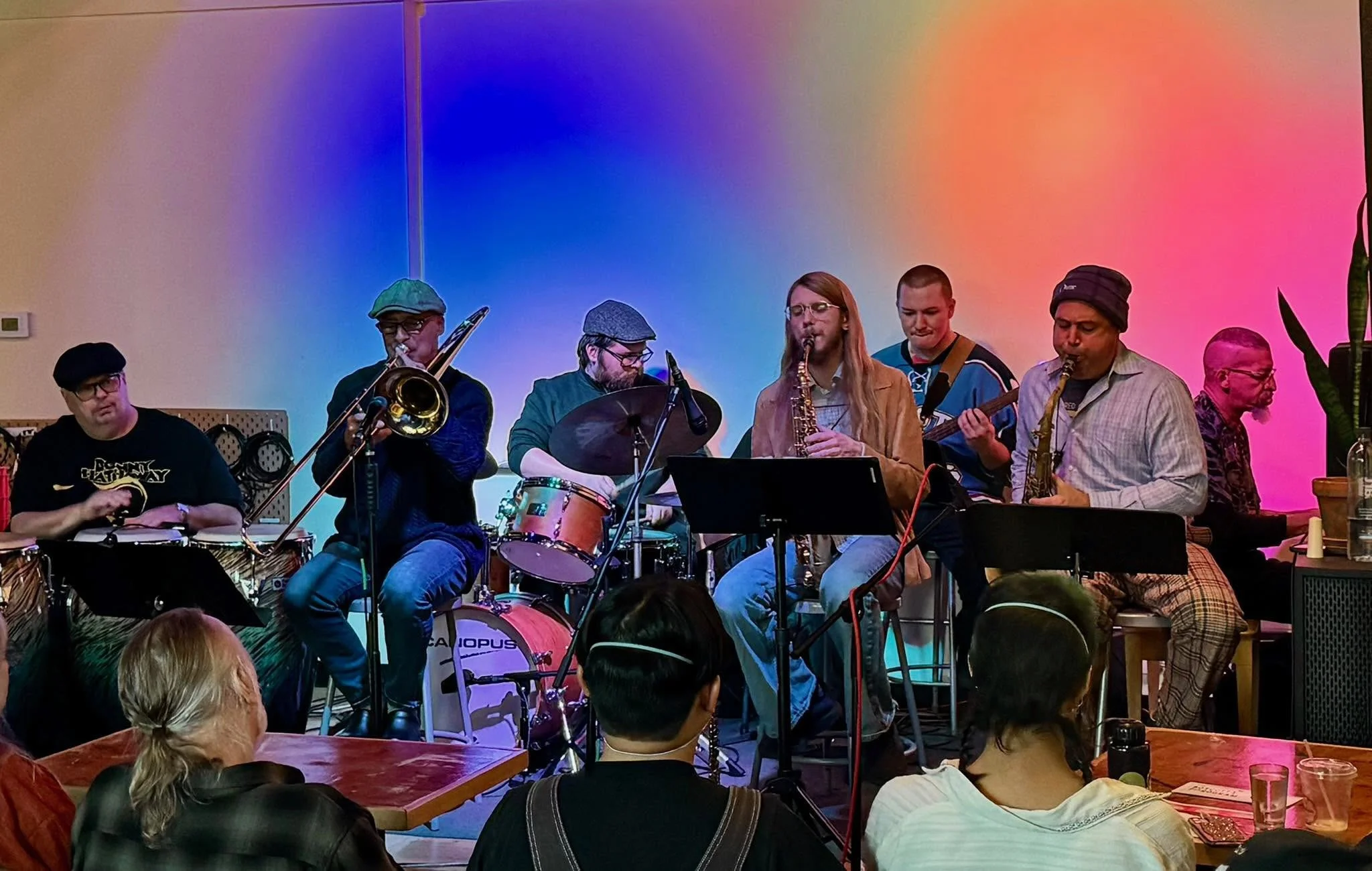 With the Paxton/Spangler South African Septet at Moondog Cafe (Detroit). L to R: RJ Spangler; T-Bone Paxton; Brad Billmaier; Dominic Berrienga; Trevor Lamb; Dan Bennett; Phil Hale