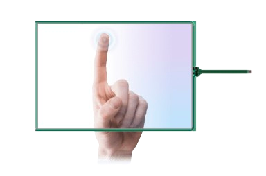 Close-up of a person’s hand pressing a transparent touchscreen device with a glowing finger tip, with a stylus in the background.