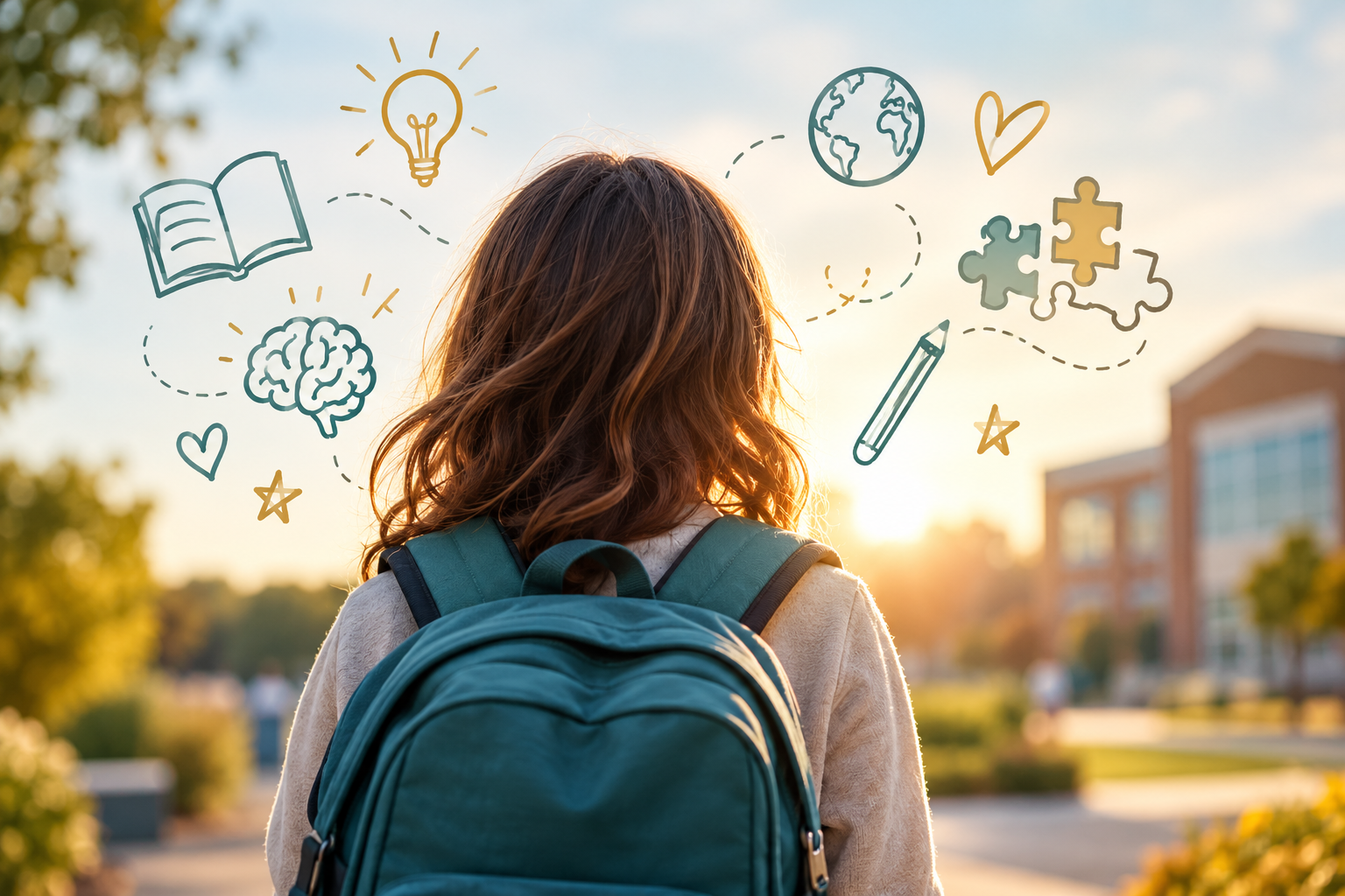A student with a teal backpack walking toward school, surrounded by illustrations representing learning, creativity, and individual strengths.