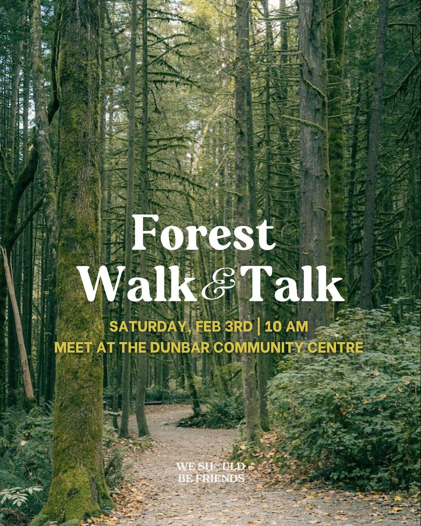 FREE EVENT ALERT!

Community + nature = a perfect way to start the weekend ✨

Join our host, Alura, for a chill walk through Pacific Spirit Park this Saturday at 10 am.

The group will meet at Dunbar Community Centre at 10 am sharp, and then will ven