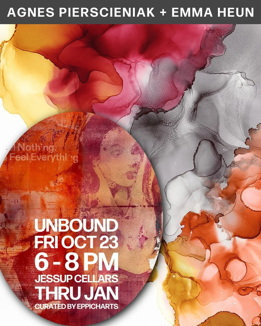 Abstract watercolor background with an oval overlay featuring a vintage-style woman portrait and event details in white text.