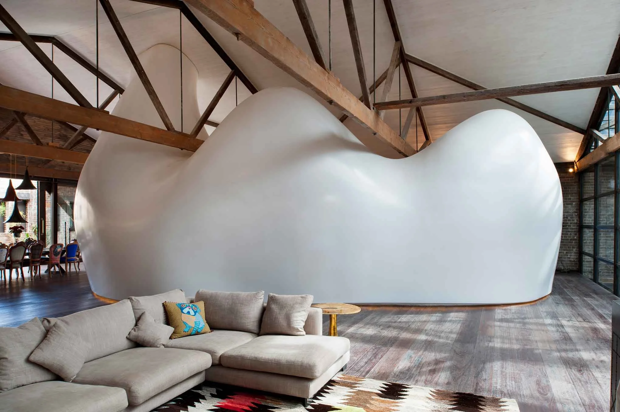 Living area Kelly Ross Design residential warehouse with fibreglass capsule