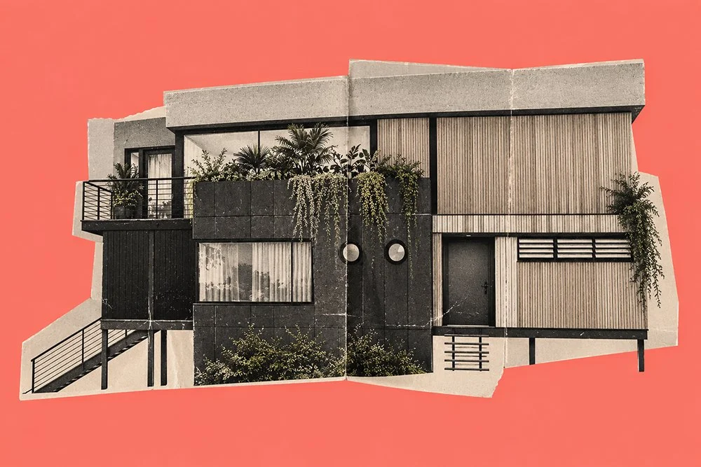 A sketch-like rendering of a shipping container house on a coral background
