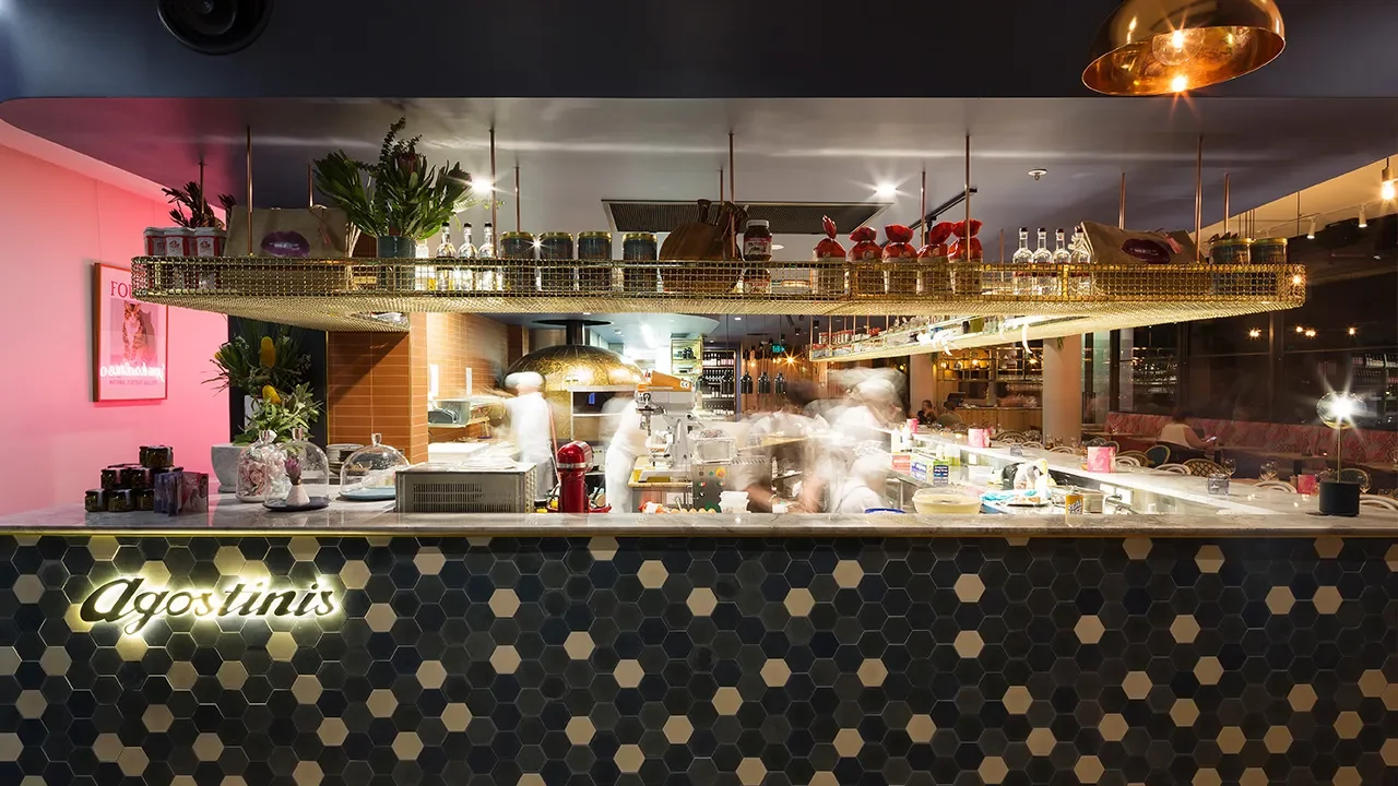 interior design detail of the bar with polka dot detail at Agostinis restaurant in Canberra, designed by Kelly Ross