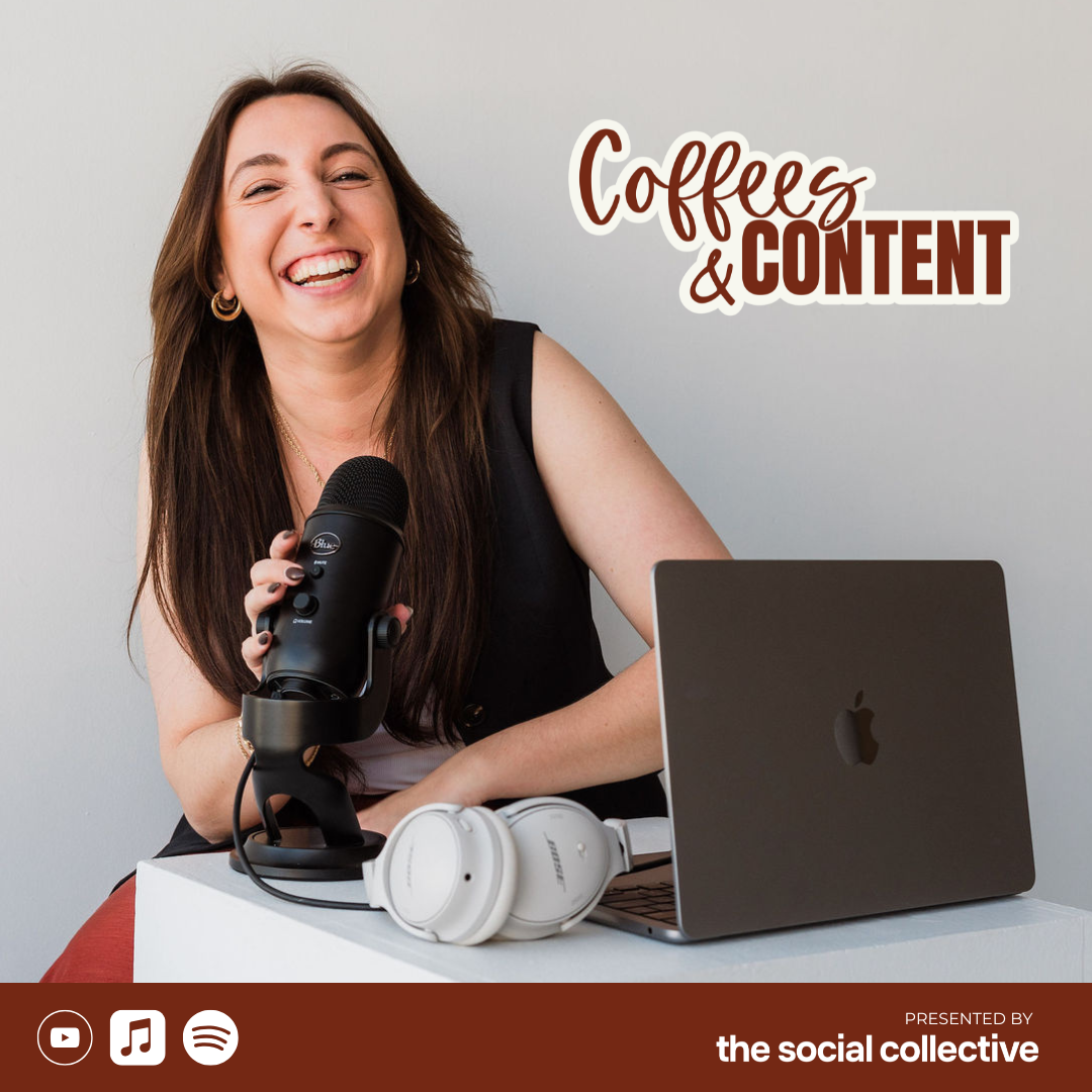 A woman with long brown hair, smiling and holding a microphone, sitting at a table with a laptop and white headphones, with the text 'Coffees & Content' next to her.