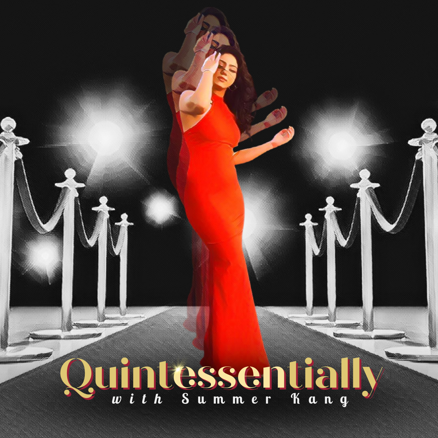Woman in a red dress on a red carpet with lights and ropes, text "Quintessentially with Summer Kang" visible.