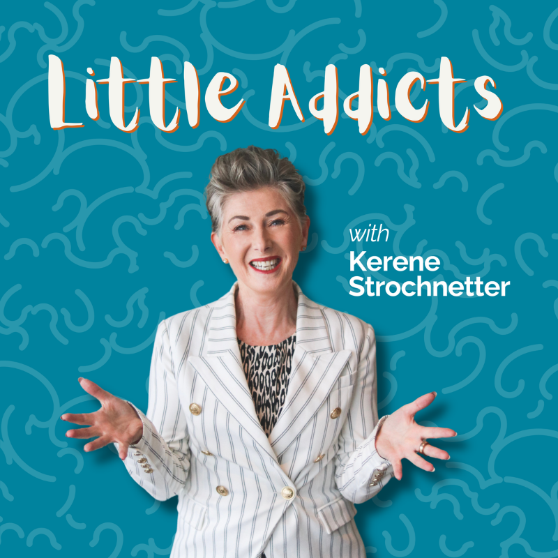Podcast cover art for "Little Addicts" featuring a smiling woman in a striped blazer against a blue patterned background.