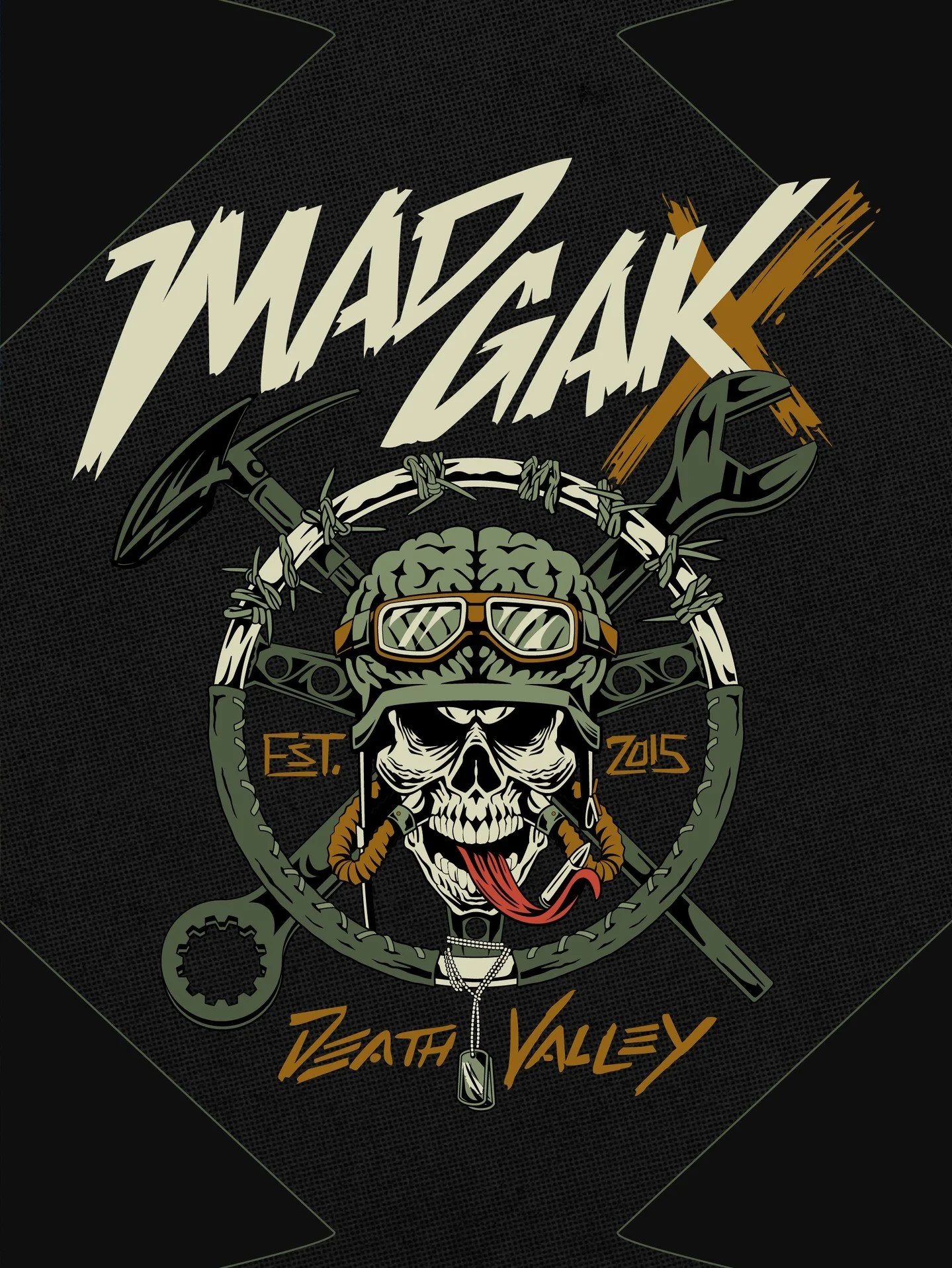 MAD GAK X shirt graphic for this years campaign. Skull, wrenches, and dunes.