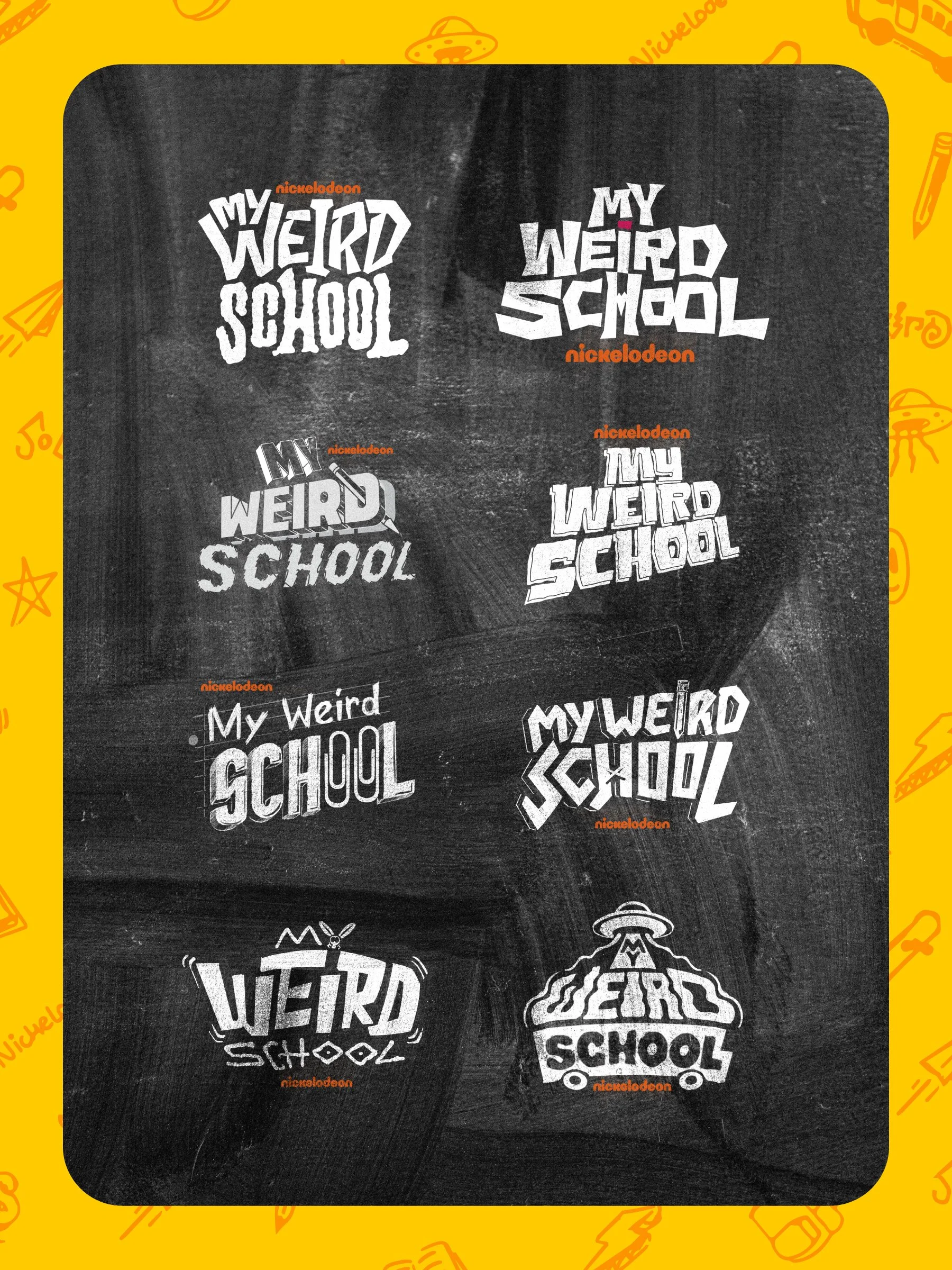 Initial sketch explorations for Nickelodoen's My Weird School. We had a blast developing this logo exploring some funky styles.