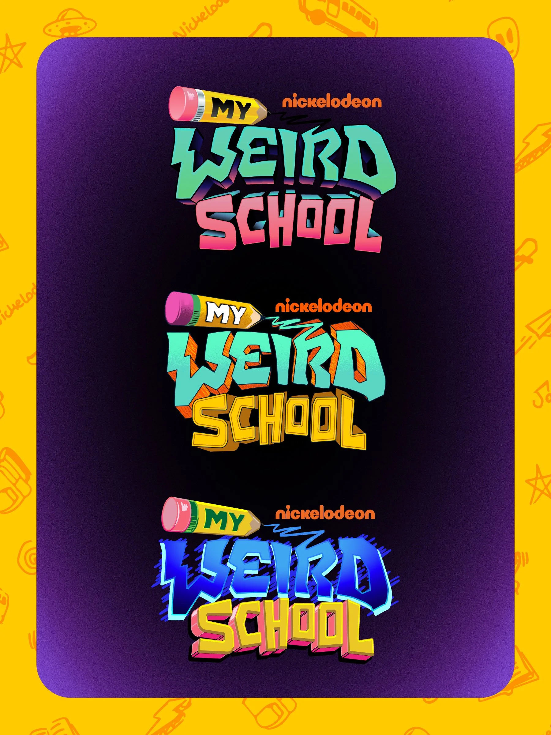 Preliminary logo treatments for Nickelodeon's My Weird School. We had a a blast playing with funky styles for the colors, renders, and overall letter shapes.