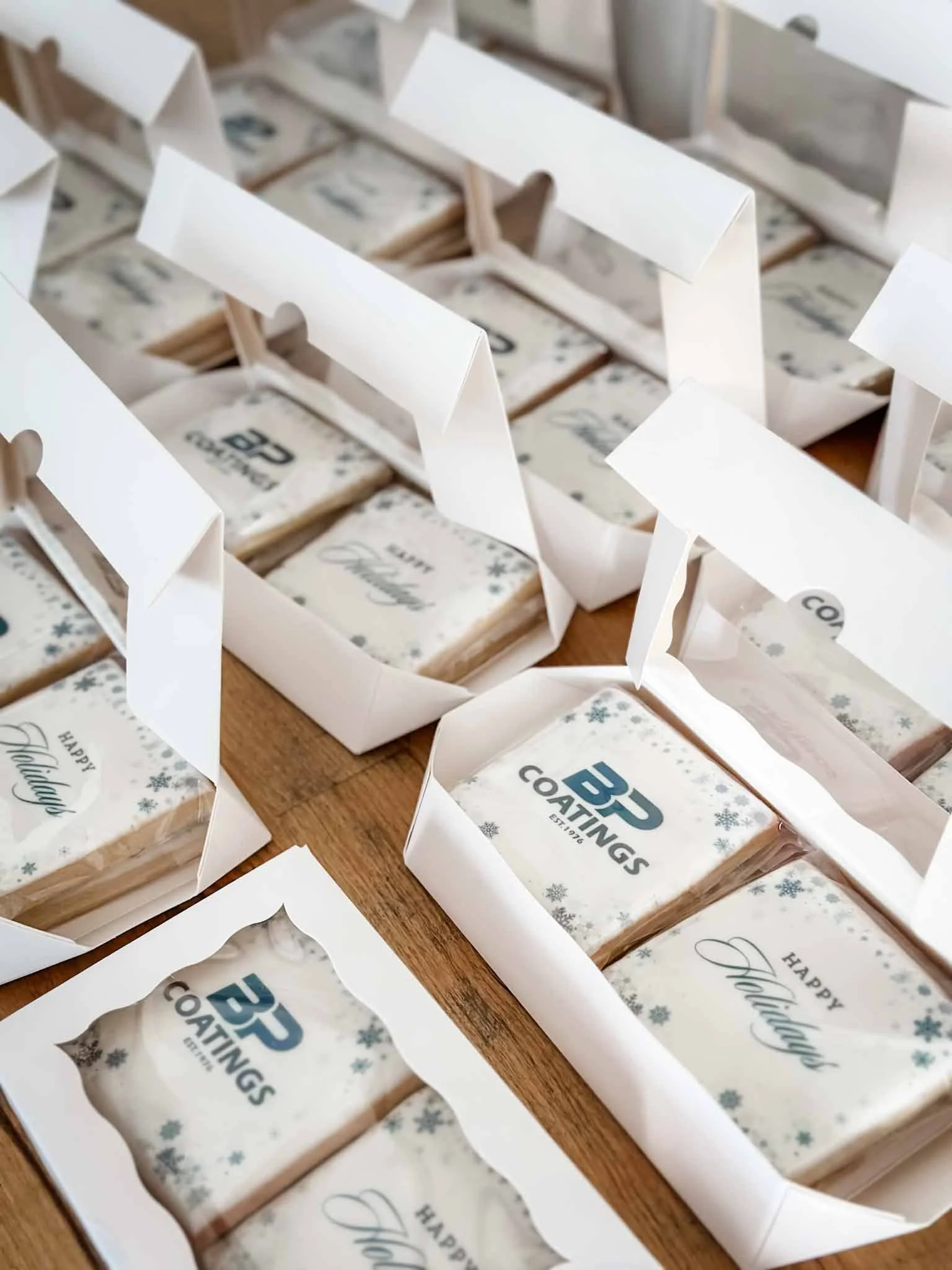 Boxed branded holiday sugar cookie gifts prepared for corporate gifting across Canada