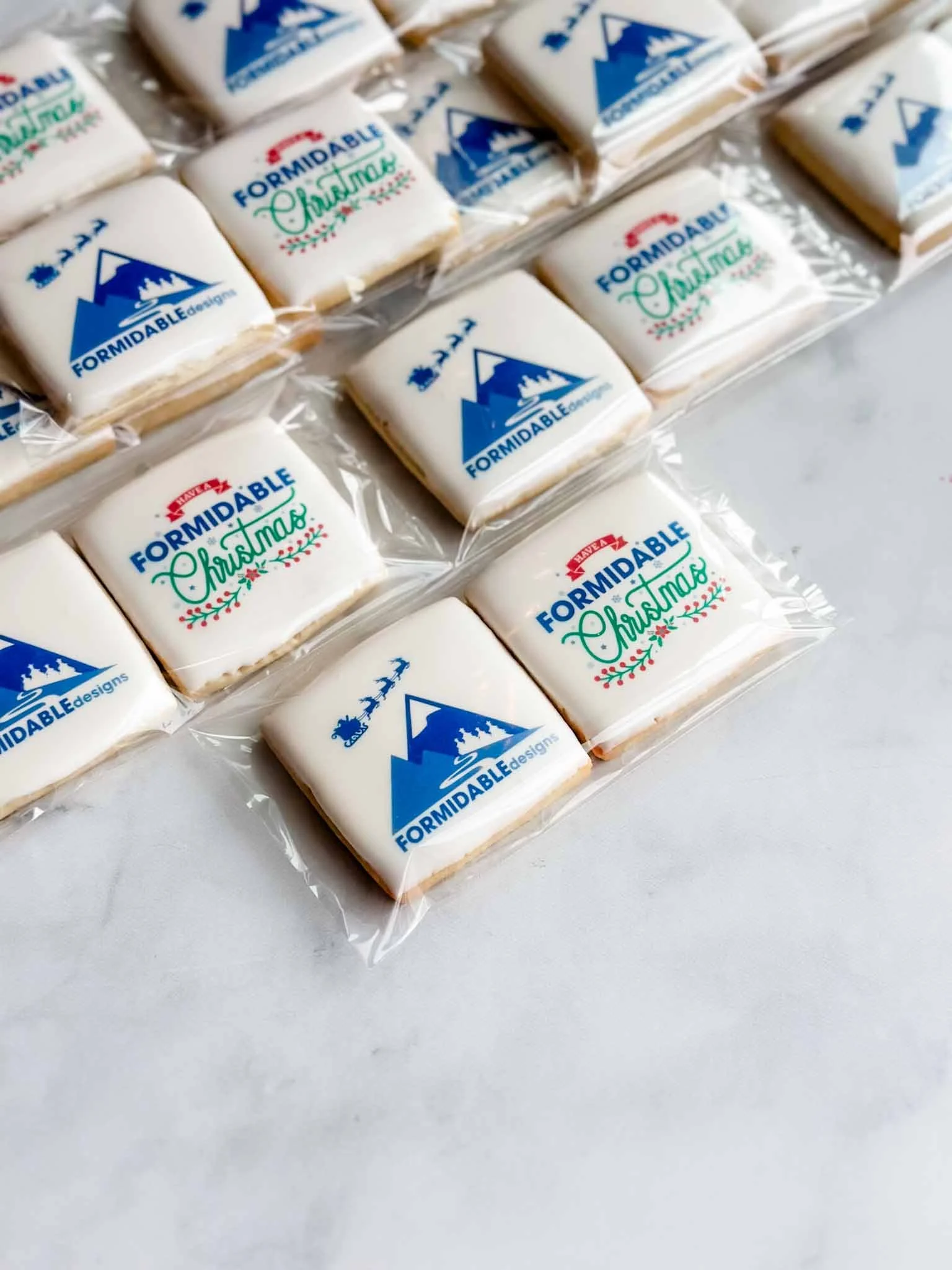 Formidable branded Christmas sugar cookies individually packaged for corporate holiday gifting