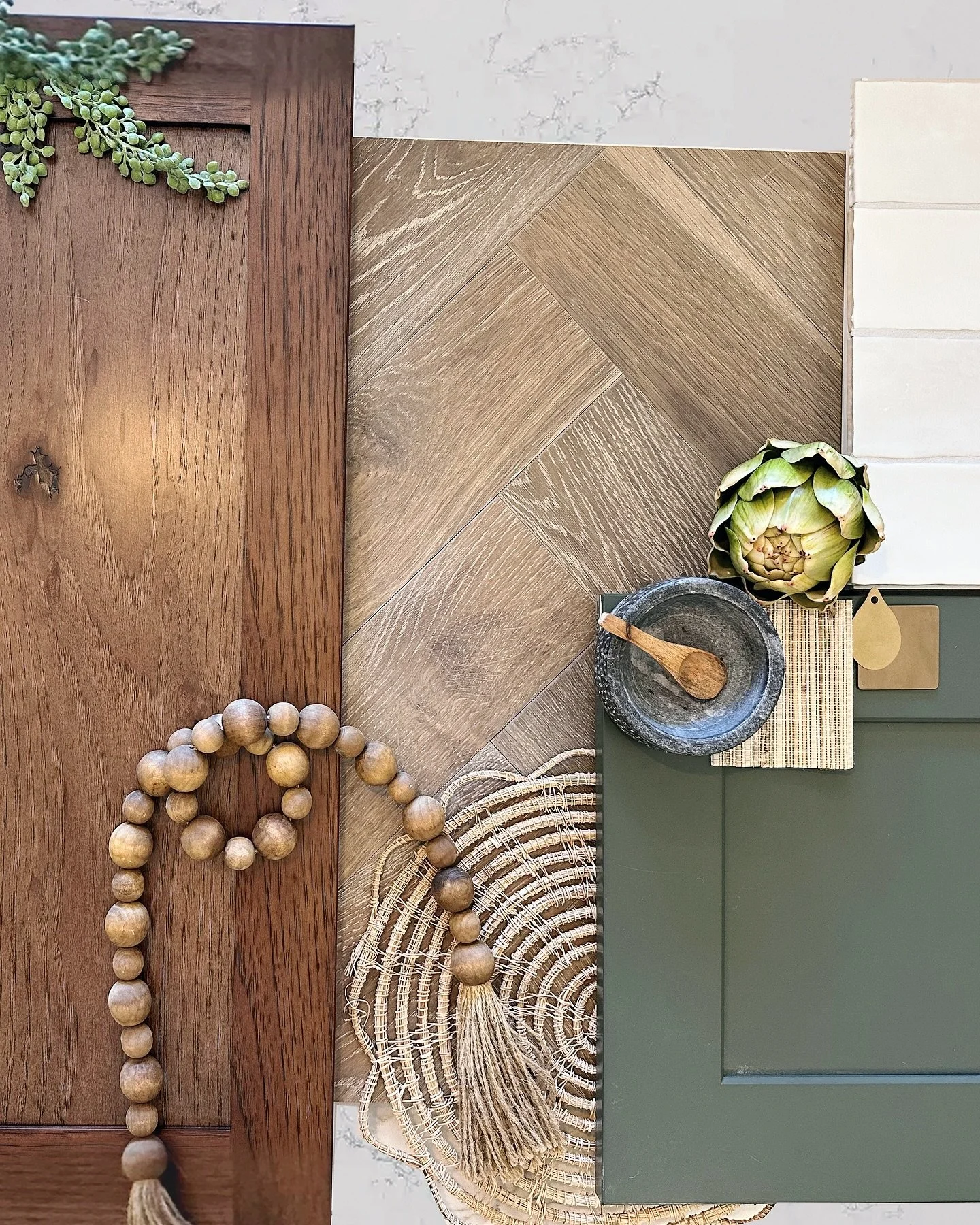 Note to self: Orient flat lays more vertically next time 🤳

Scroll to see the whole look! ➡️

Another dreamy green kitchen and walk-in pantry are in the works! This client is approaching their remodel in a more DIY way, but having a detailed design 