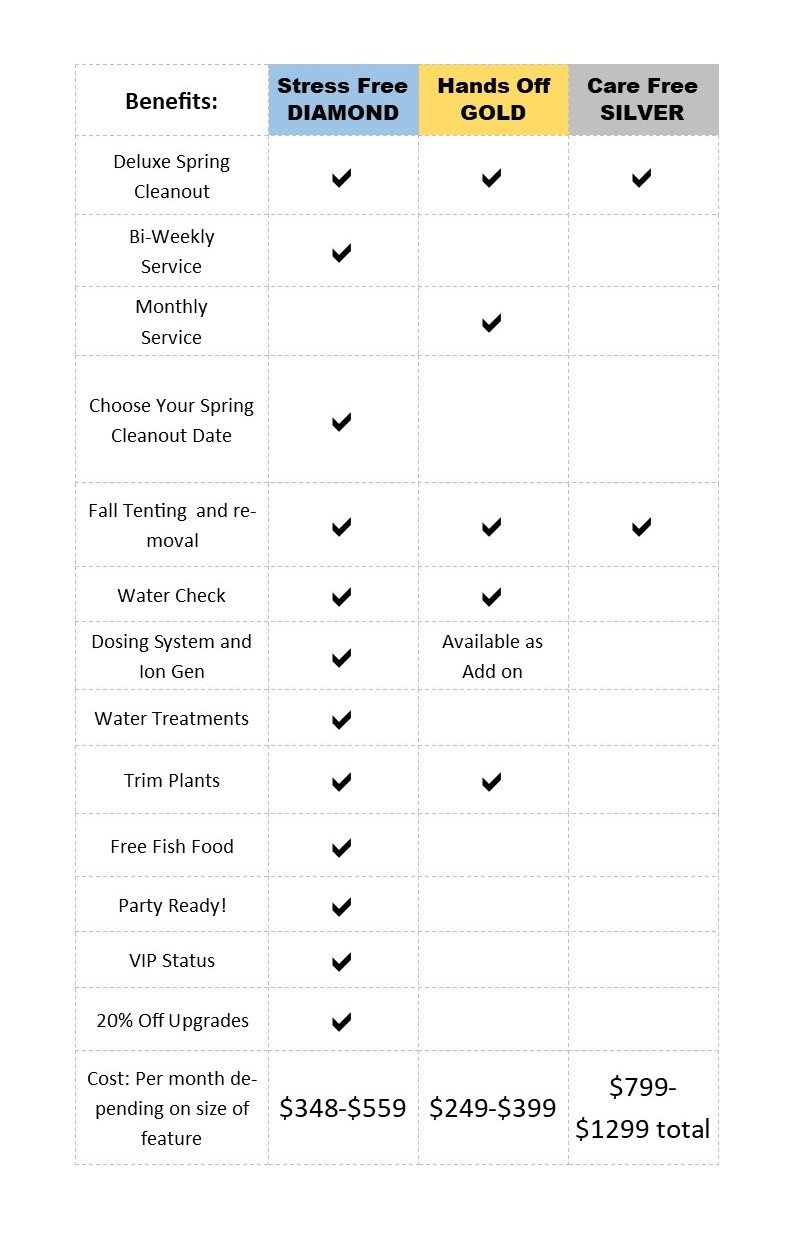Comparison chart of three spring cleaning service packages: Stress Free DIAMOND, Hands Off GOLD, and Care Free SILVER, detailing benefits and monthly costs.