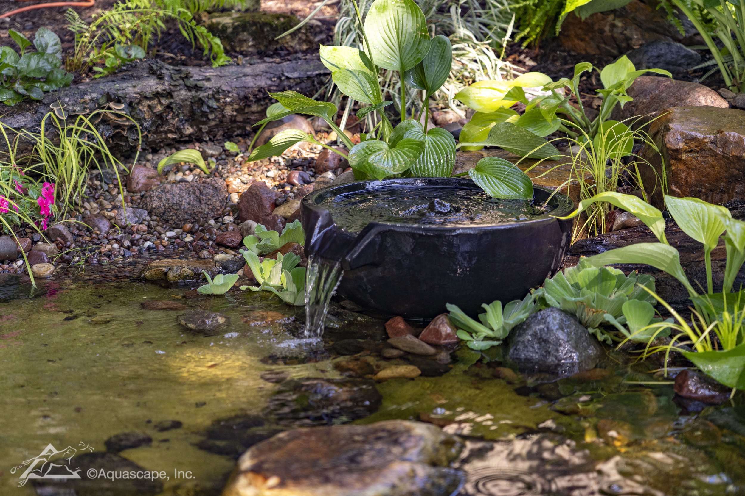 A black ceramic water fountain in a garden with various green plants and rocks around a small pond with flowing water.