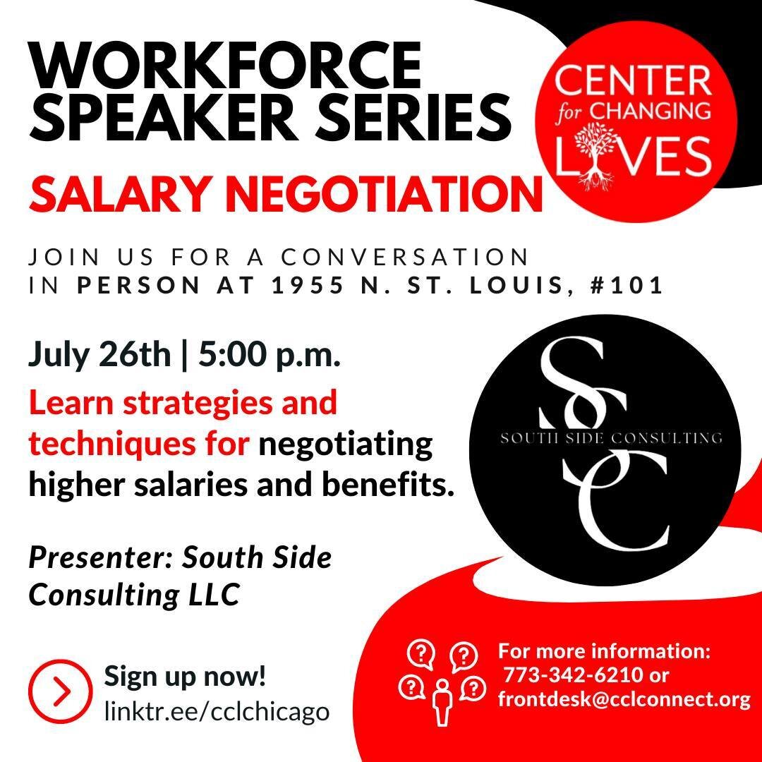 Get that well-deserved raise! 💸 Learn how to negotiate your salary and benefits with your current or future employer in our FREE Workforce Speaker Series workshop with @south_side_consulting 🤩  In this session, you will learn tips on presenting you