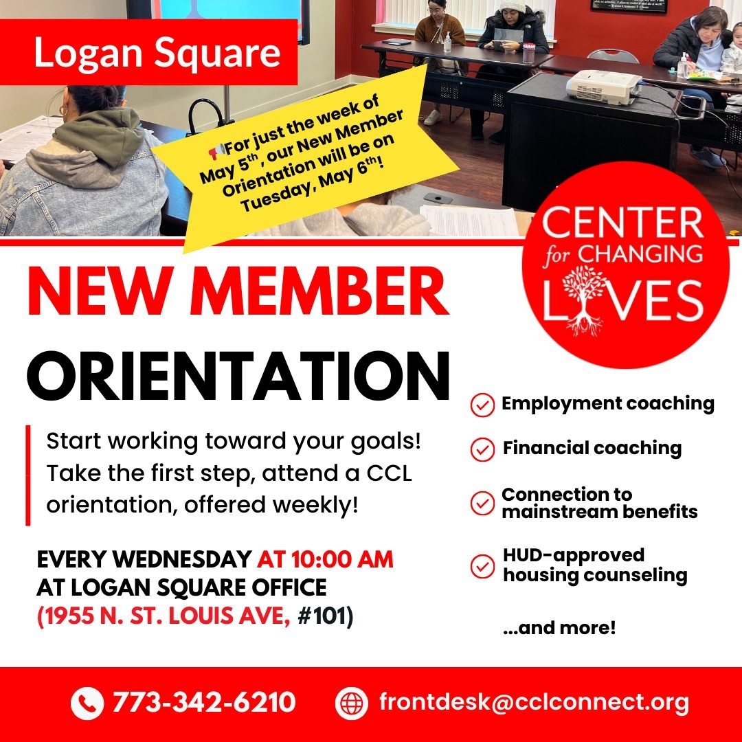 📣 Heads up! New Member Orientation at our Logan Square office will be on Tuesday next week (not the usual Wednesday) — mark your calendars for Tuesday, May 6th!
Attending a New Member Orientation is the first step to accessing CCL’s ser