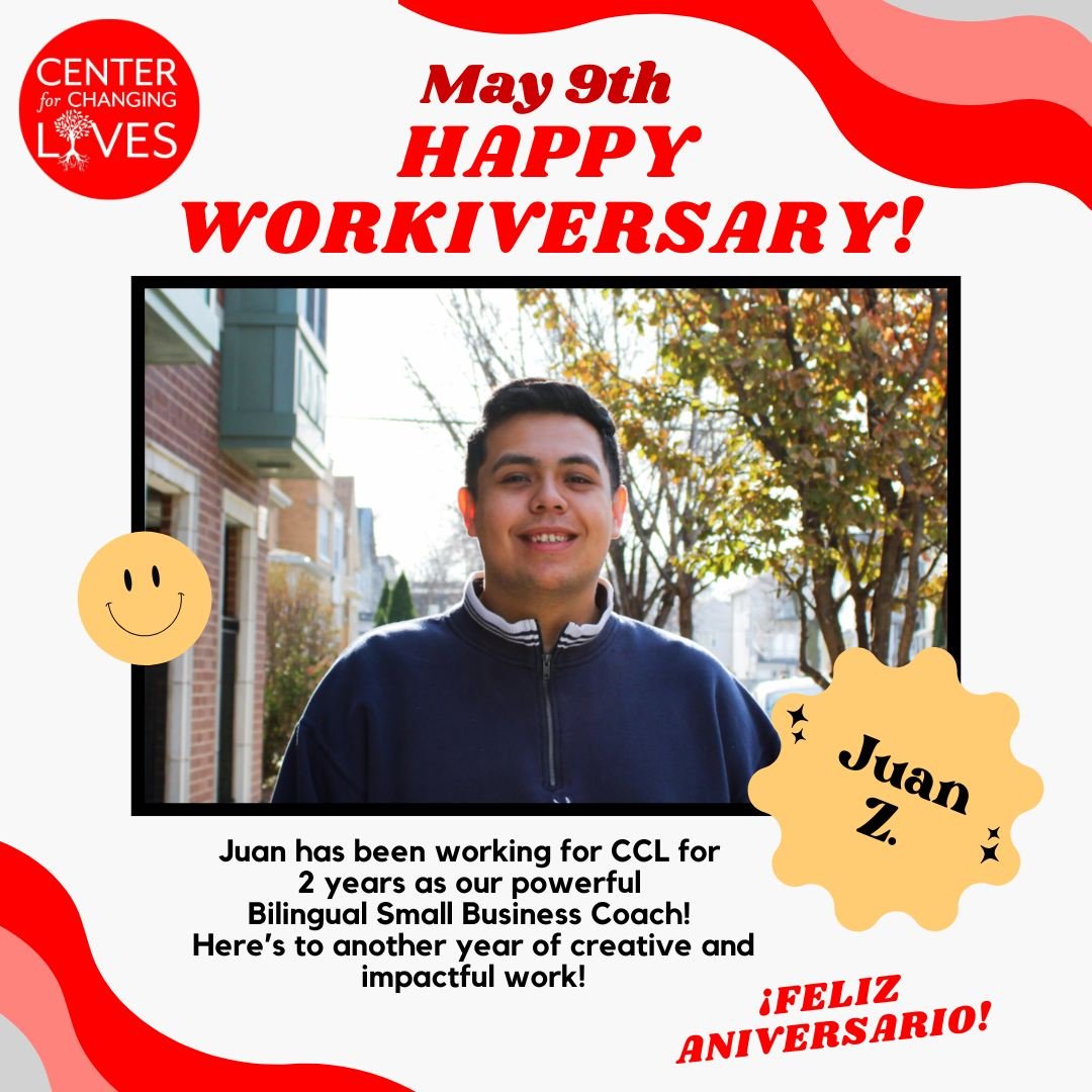 🎉 Happy 2-Year Workiversary to Juan! ¡Feliz aniversario!🎉
Today we’re celebrating Juan, our incredible Bilingual Small Business Coach, who’s been supporting entrepreneurs in accessing their poder at CCL for 2 amazing years! 💼🌟
