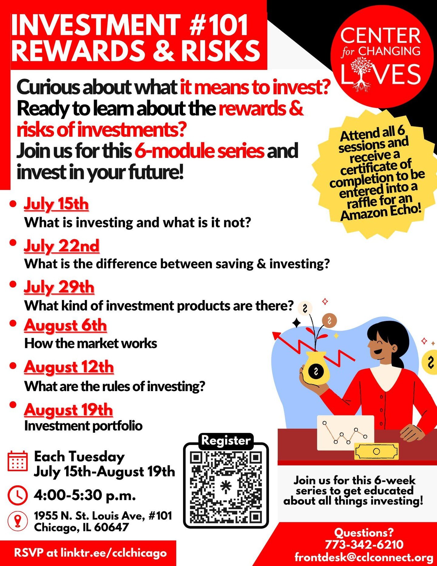 💸 Want to invest but not sure where to start? 🤔
Join CCL for a beginner-friendly, 6-week workshop series on Tuesdays at 4 PM starting July 15! Learn the basics of investing, managing risk, and building a strong portfolio to support your financial g