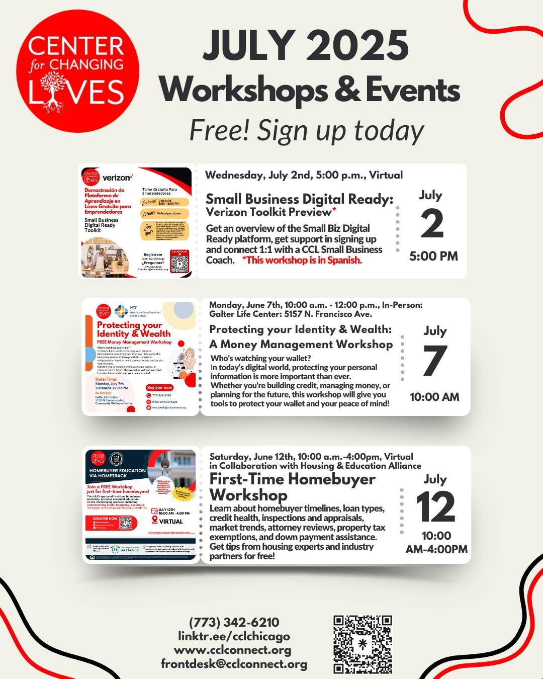 ✨🌟 July is jumping at CCL! 🌟✨
We’ve got a full month of workshops and events to connect, transform, and thrive together! Check out our July calendar and sign up for one—or all! 💪🎉
📅 July 2 — Free Digital Toolkit Preview for En