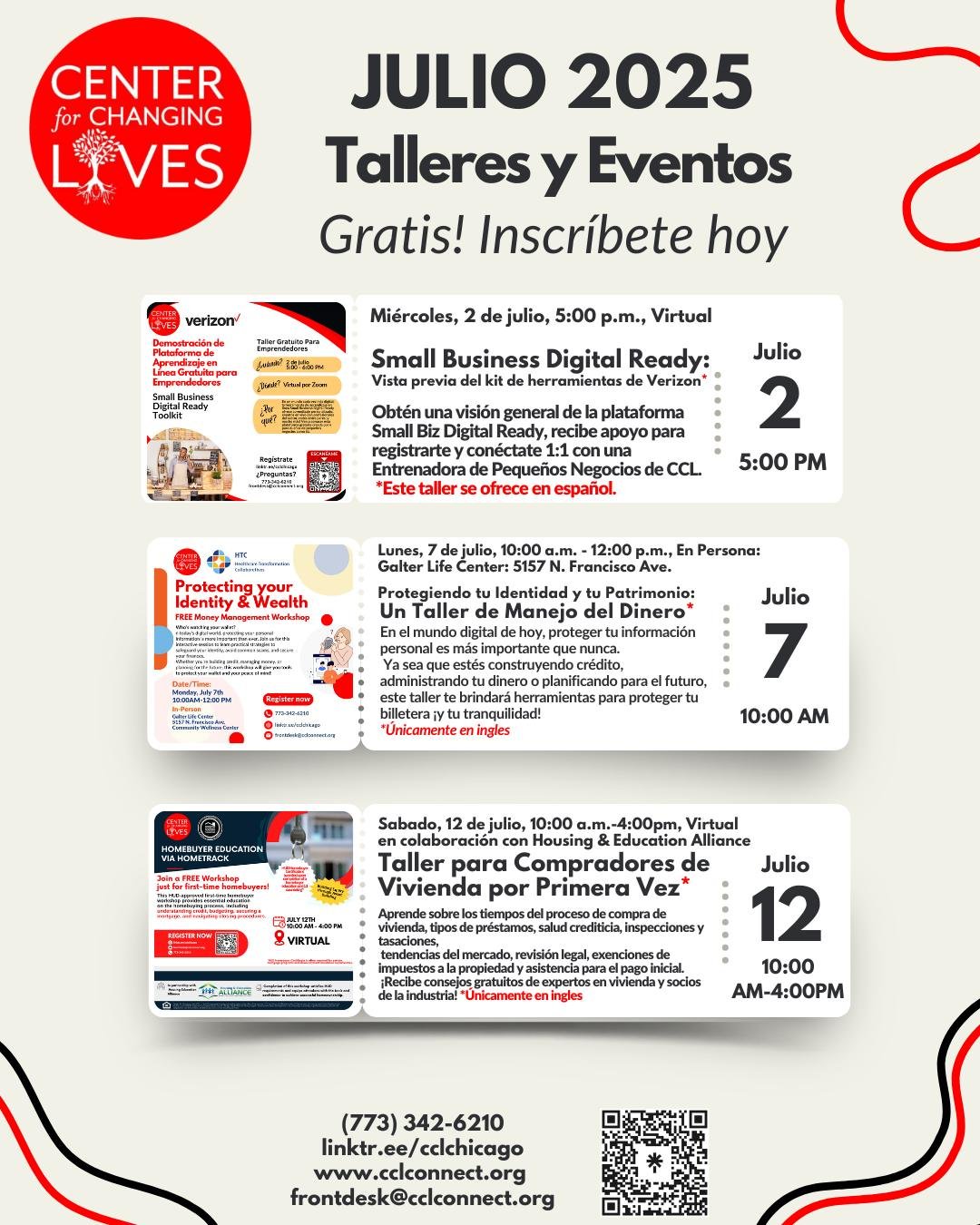 ✨🌟 ¡Julio está que salta en CCL! 🌟✨
¡Tenemos un mes lleno de talleres y eventos para conectar, transformar y prosperar juntos! Revisa nuestro calendario de julio y ¡regístrate en uno o en todos! 💪🎉
📅 2 de julio &