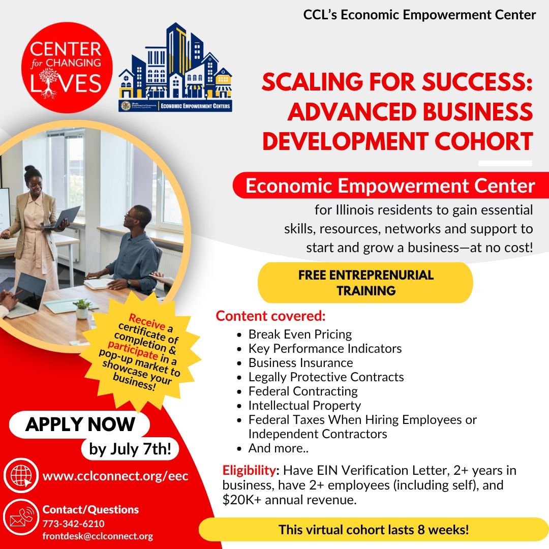 🚀 Ready to scale your business? Center for Changing Lives is launching Scaling for Success: Advanced Business Development Cohort as part of our FREE Economic Empowerment Center (EEC) programming! 💼
🌟 This Advanced Cohort is designed for establish