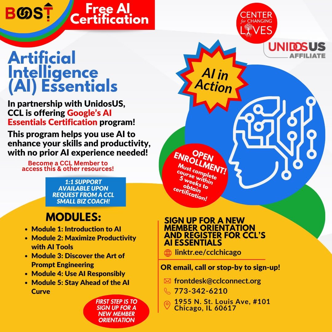 🚀 Want to build your AI skills? Enroll now in the Google AI Essentials Certification program at Center for Changing Lives, offered in collaboration with @weareunidosus!
This self-paced course is open enrollment—start anytime, but you must com