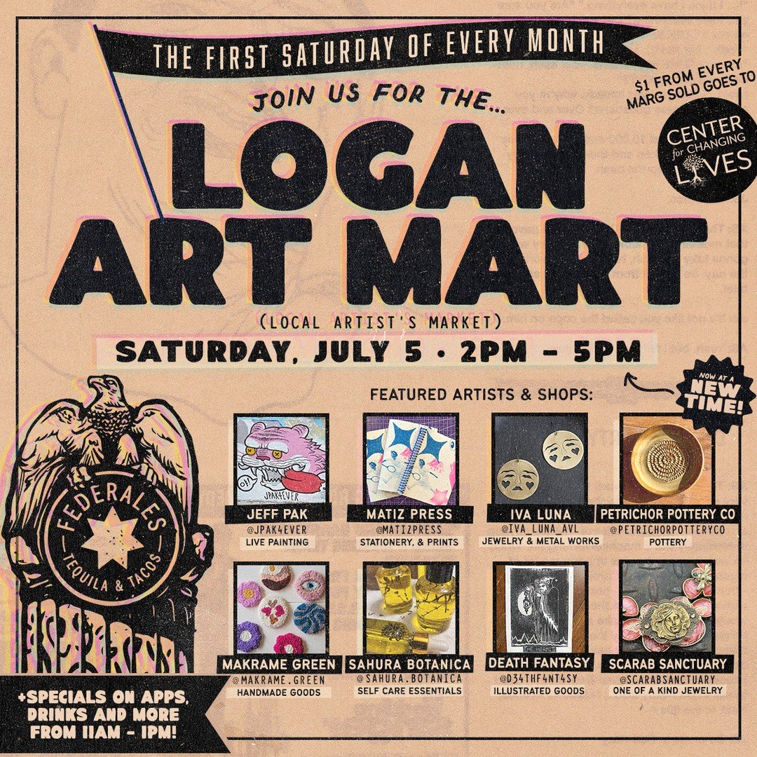 👀 Who's still looking for some holiday weekend plans? Why not spend a Saturday supporting local artists and fun-raising for CCL!?!? 🎉 Thanks to Federales Tacos & Tequila - Logan Square, Chicago Logan Art Mart, $1 from every margarita sold will