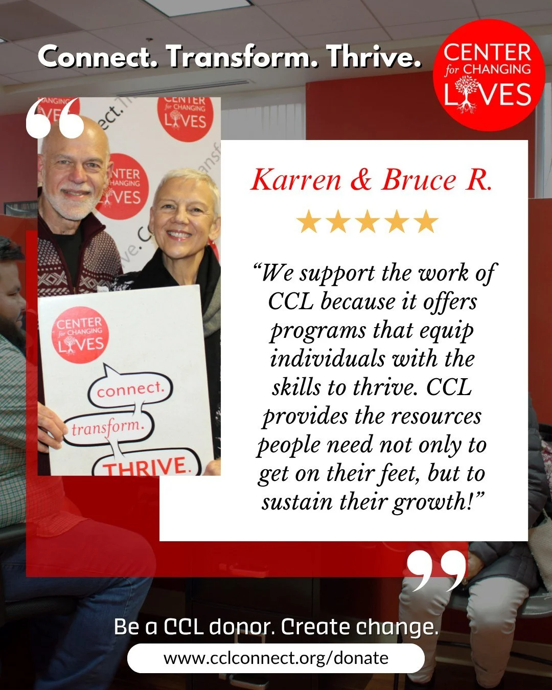 🎉 Donor Spotlight:🎉Today we’re celebrating Karren & Bruce, some of the many incredible supporters helping power transformation at Center for Changing Lives! 💛✨
🔹 Why they give: “We support the work of CCL because it offers progra
