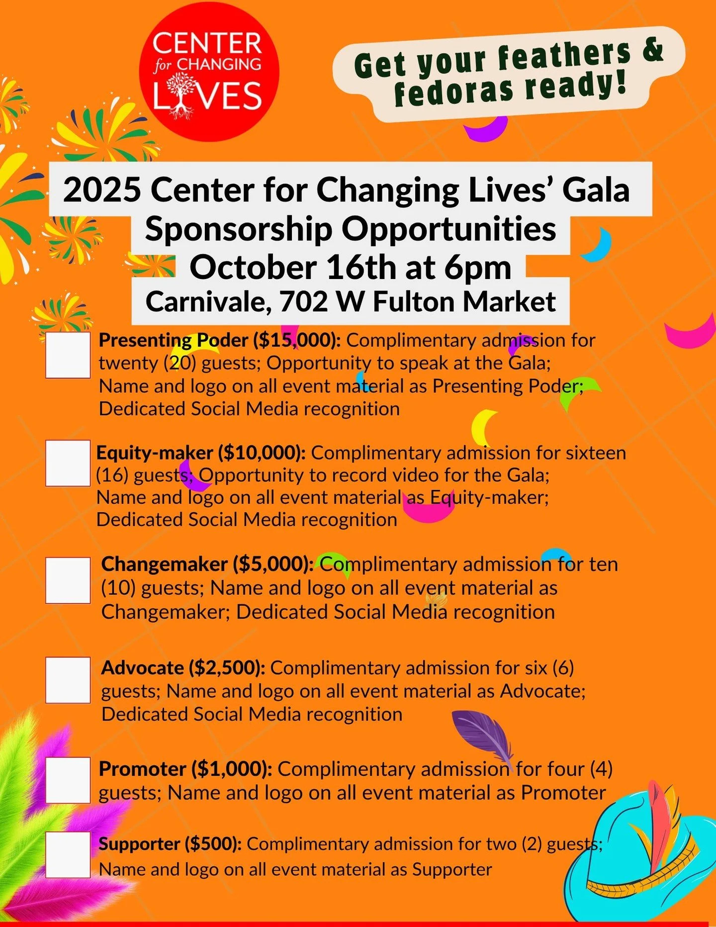 🎉 Sponsor the Celebration of the Year! 🎉
Center for Changing Lives’ Annual Gala is October 16th at Carnivale—and we’re inviting businesses, faith communities, CBOs, and supporters like you to be part of it!
🌟 Sponsorships start