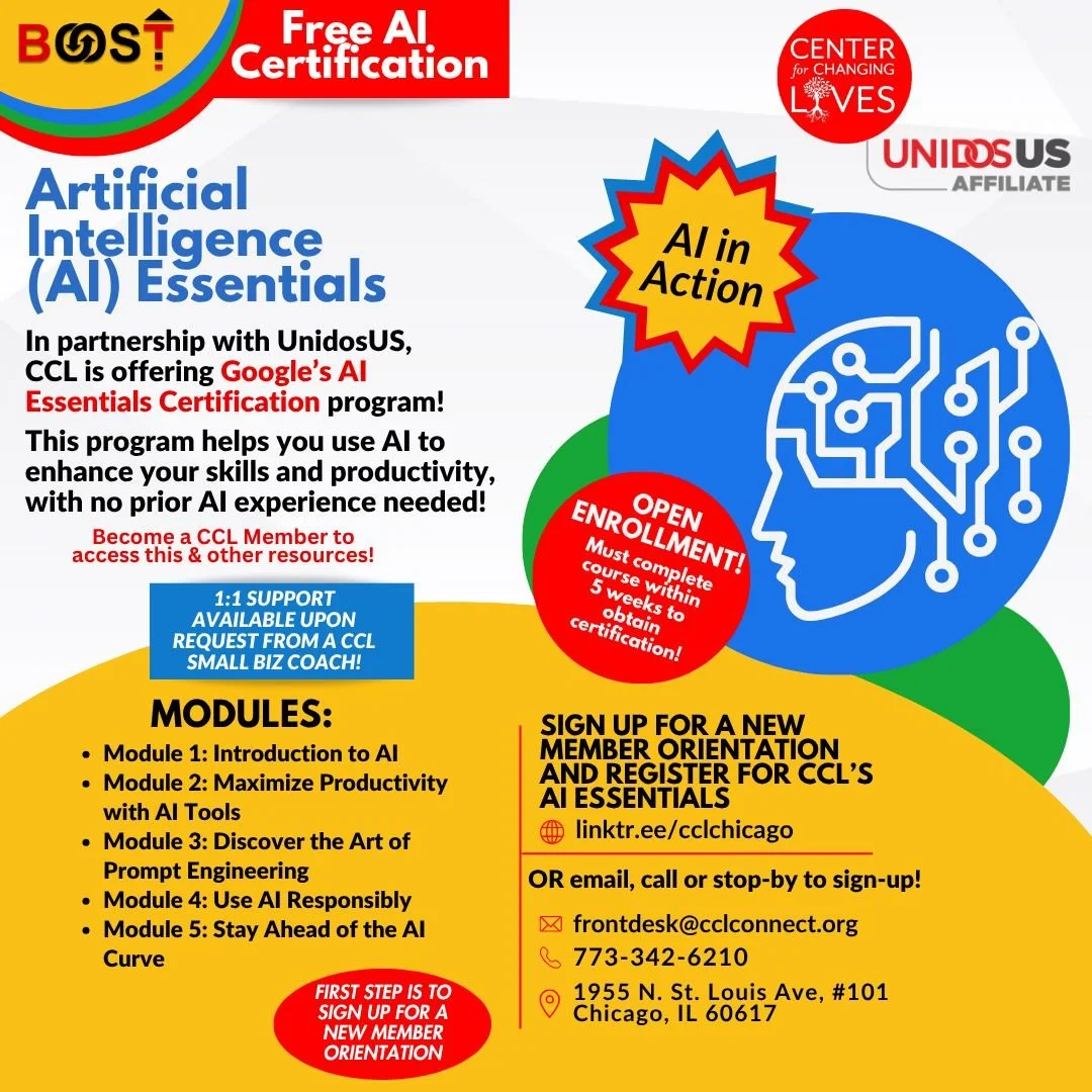 🚀 Want to build your AI skills? Enroll now in the Google AI Essentials Certification program at Center for Changing Lives, offered in collaboration with @weareunidosus!
This self-paced course is open enrollment—start anytime, but you must com