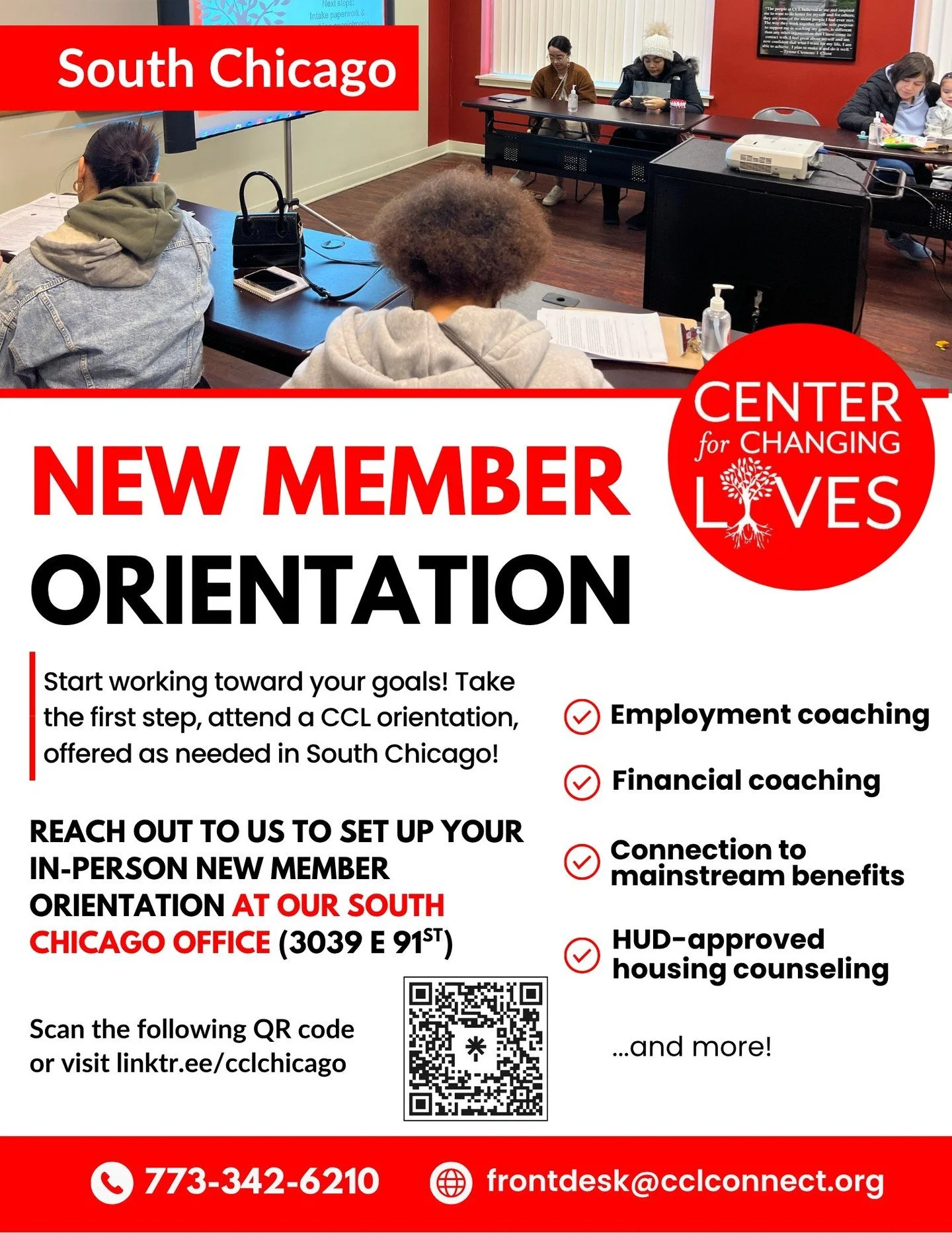 📣 South & Southeast Side Chicago!
Looking to grow your income, start a business, build credit, or reach new goals?
Take the first step with Center for Changing Lives by joining a New Member Orientation at our South Chicago office (3039 E 91st S