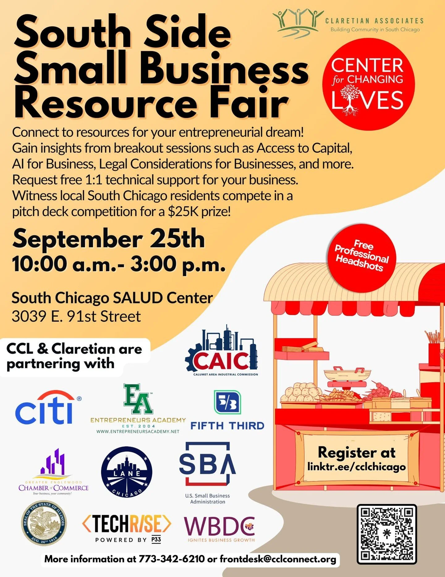 📣 South Side Small Business Resource Fair | Feria de Recursos para Pequeños Negocios
Join us on September 25th at the South Chicago Salud Center (3039 E 91st) for an exciting day of connection, learning, and opportunity! 🏙️✨
Únate a