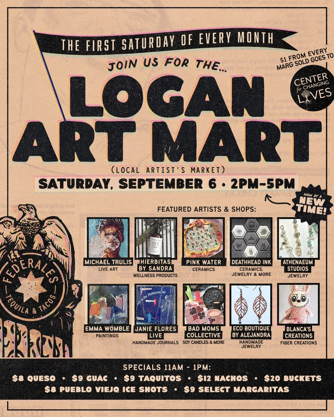 👀 Who's ready to spend a Saturday supporting local artists and fun-raising for CCL!?!? 🎉 Thanks to @federaleschicago, $1 from every margarita sold will be donated to support our mission at Center for Changing Lives! 🌟
Join us as we celebrate loca