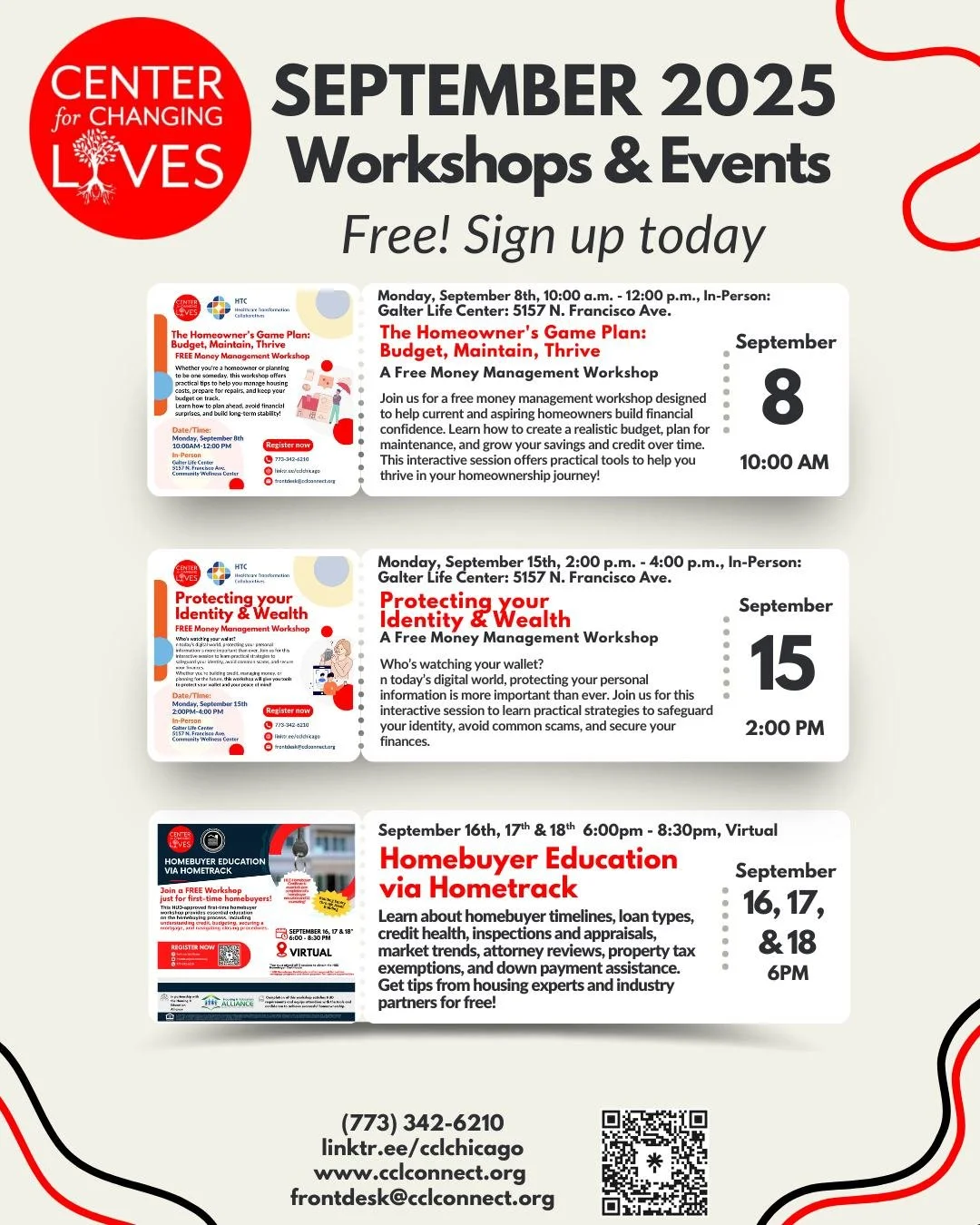 🍂✨ September is spectacular at CCL! ✨🍂
We’ve got a full lineup of workshops and events to help you connect, transform, and thrive. Check out our September calendar and sign up for one—or all! 💪🎉
🏡 September 8 — The Homeowner's