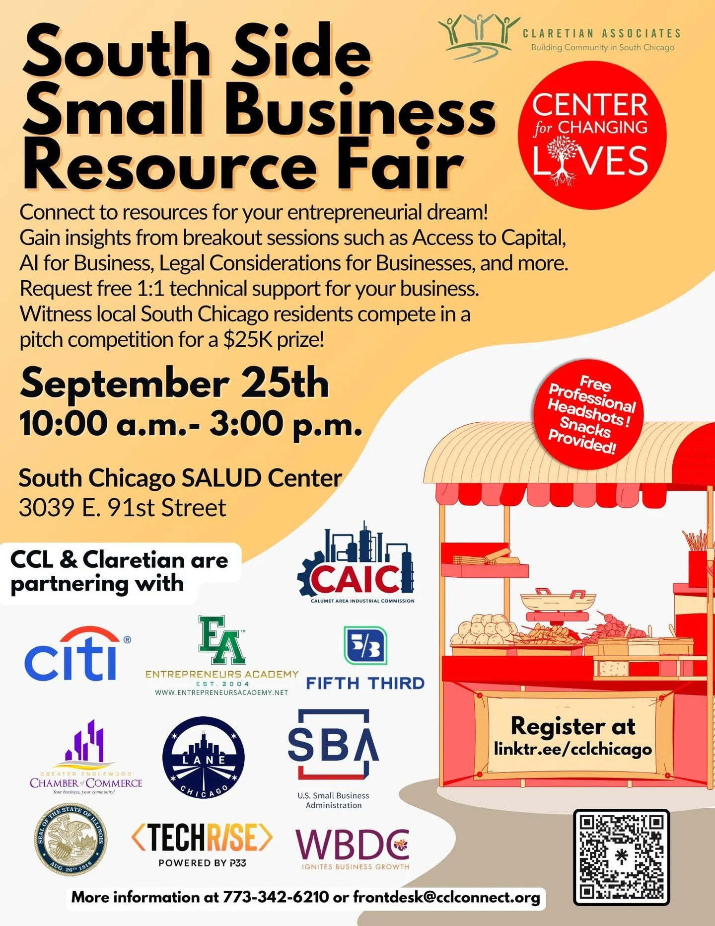 📣 South Side Small Business Resource Fair
Join CCL and Claretian Associates on September 25th at the Salud Center (3039 E 91st) for a day full of connection, learning, and opportunity! 🏙️✨
🛠️ Event Highlights:
🔹 Breakout Sessions: Access to Cap