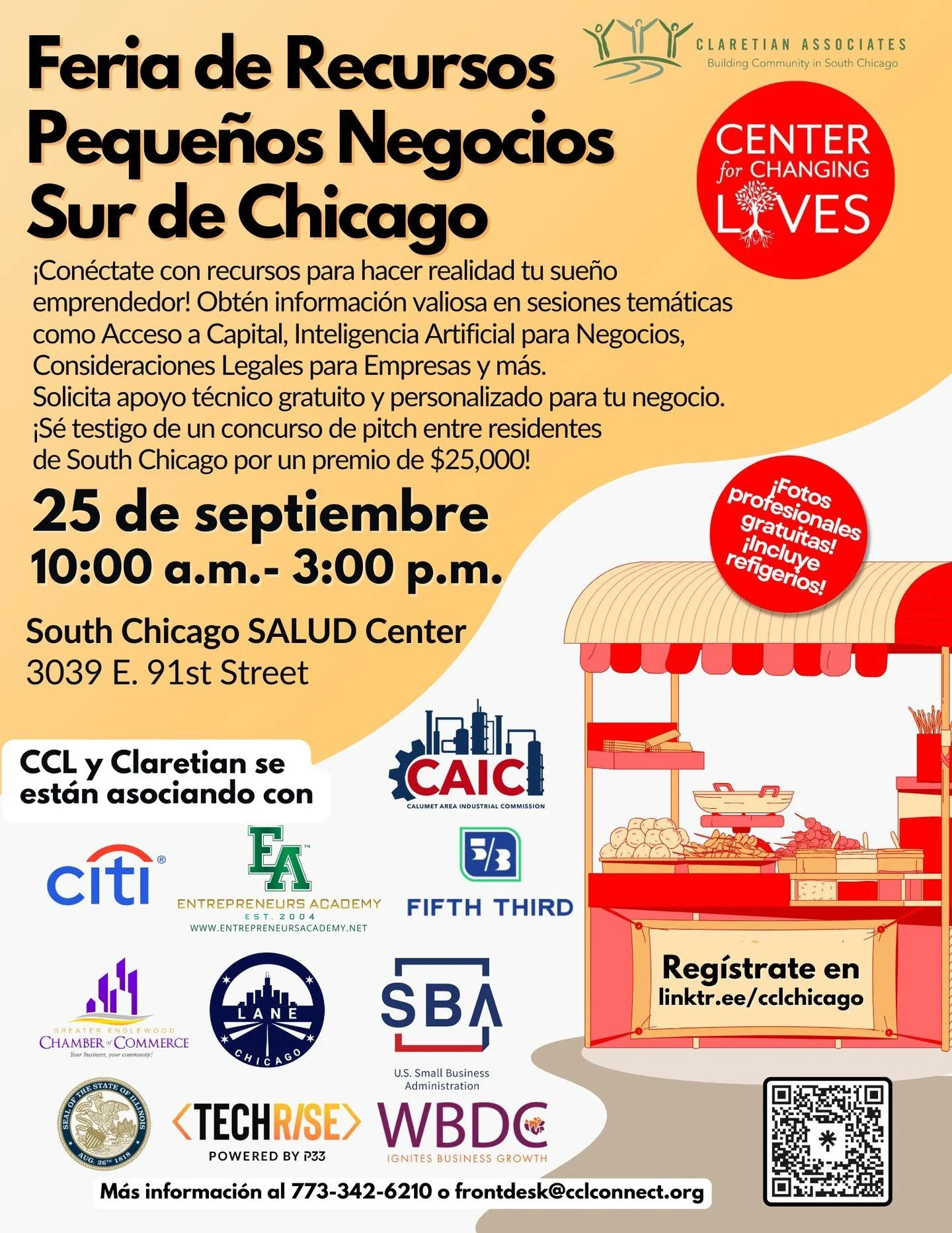 📣 Feria de Recursos para Pequeños Negocios – South Side
¡Únate a Center for Changing Lives y @claretianassociates el 25 de septiembre en el Salud Center (3039 E 91st) para un día emocionante de conexiones, aprendiza