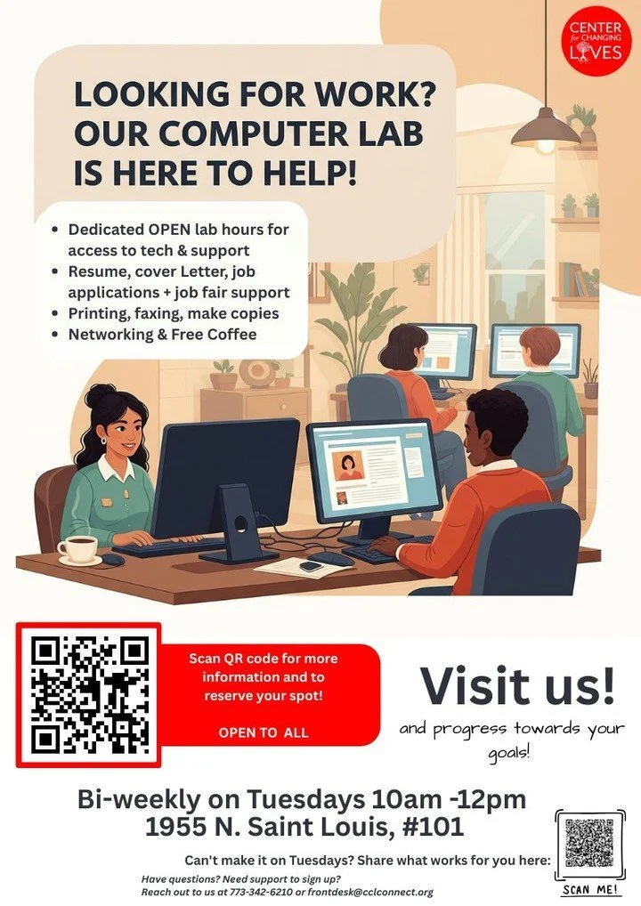 🚀💼 CCL’s Computer Lab – Open Hours 💼🚀
Looking for your next job opportunity?
Join us during bi-weekly Tuesday Open Lab hours for hands-on employment support — with access to computers and printing to make your search easier.