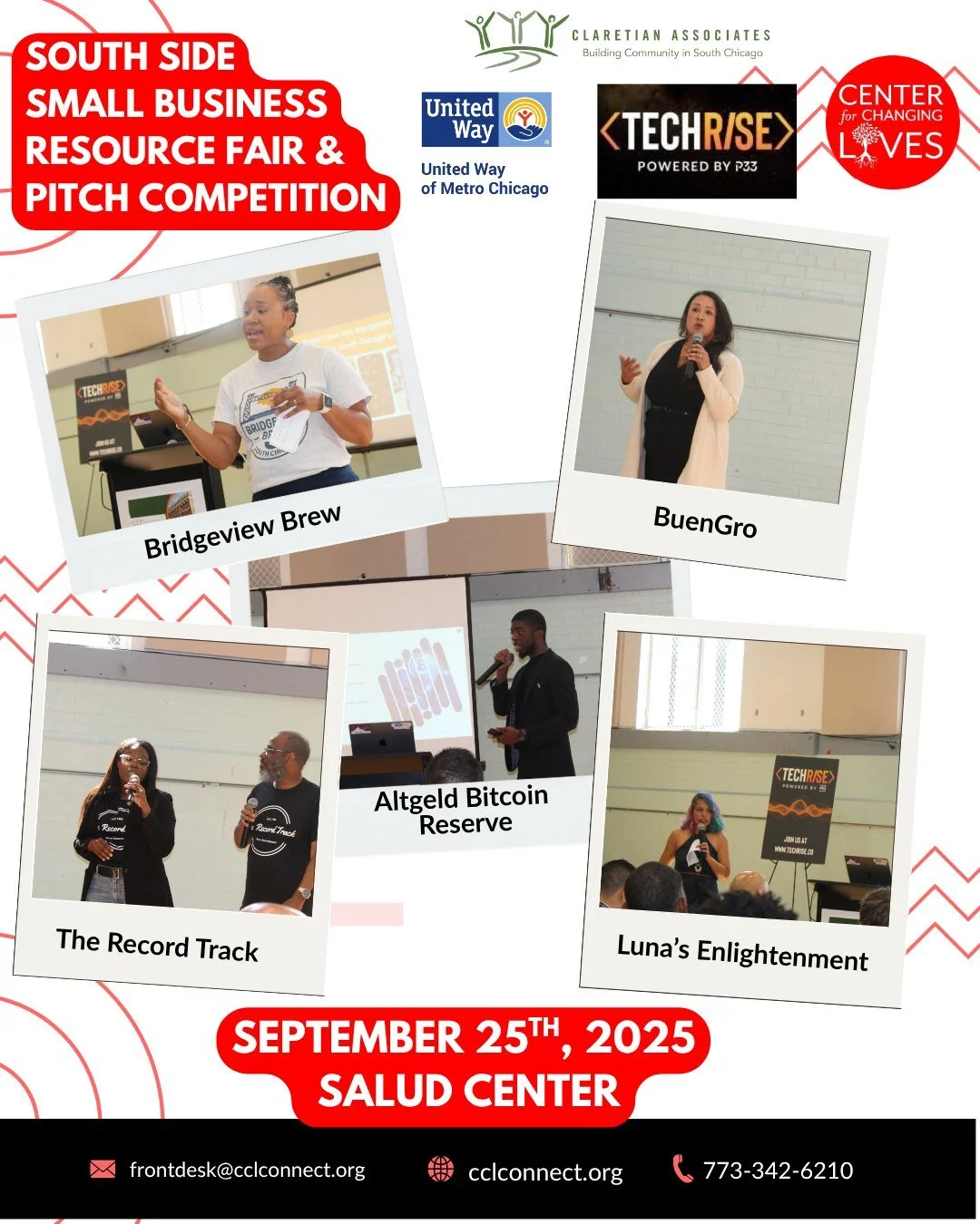 ✨ #Throwback to an amazing Pitch Competition at our South Side Small Business Resource Fair! 🎤🌟
We were honored to highlight the power and creativity thriving in South Chicago, as incredible founders shared their visions and inspired us all:
☕ Jes