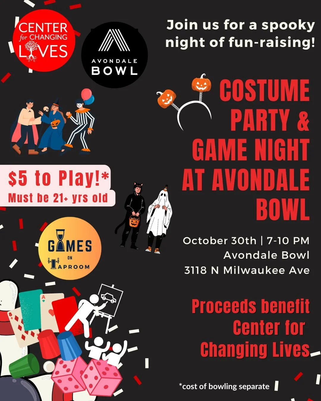 🎃👻 Save the date: Costume Party & Game Night at @avondalebowl is coming Thursday, October 30th! 🎲🎯
Join us for a night of costumes, fun, friendly competition, and community support!
📍 Avondale Bowl, 3118 N Milwaukee
📅 Thursday, October 30