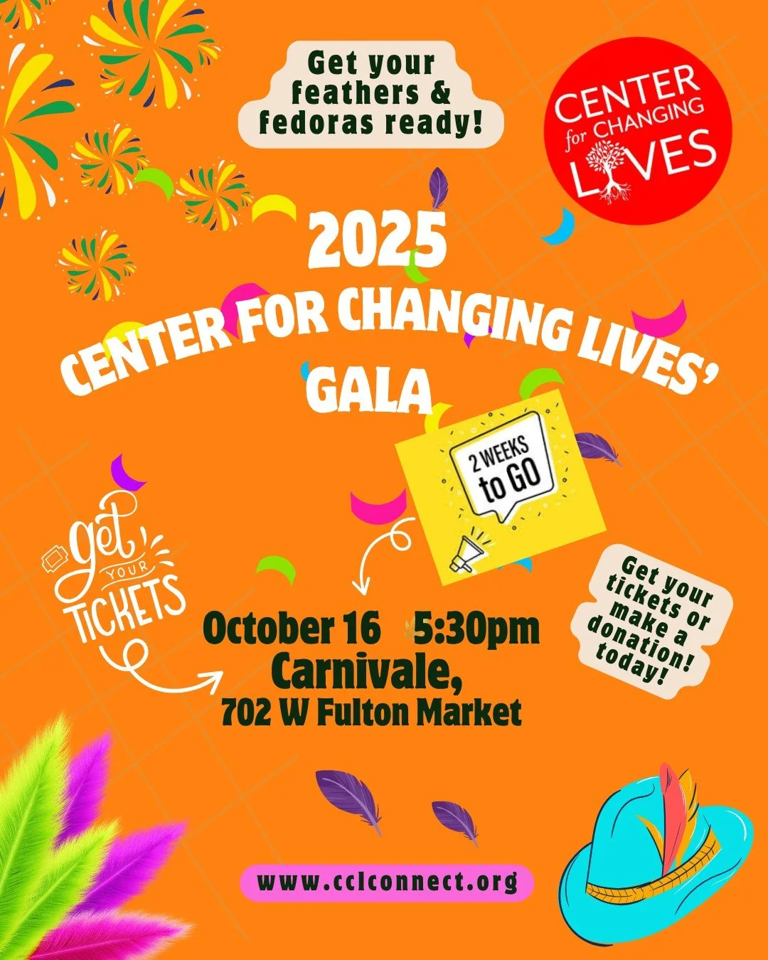 ✨ Only 2 more weeks until our 2025 CCL Gala!✨Get your feathers & fedoras ready🪶!
🎟️Don’t delay—get your tickets today for an unforgettable evening of connection, celebration, and community impact. 🎉
💛 Golden Ticket Raffle: Ente