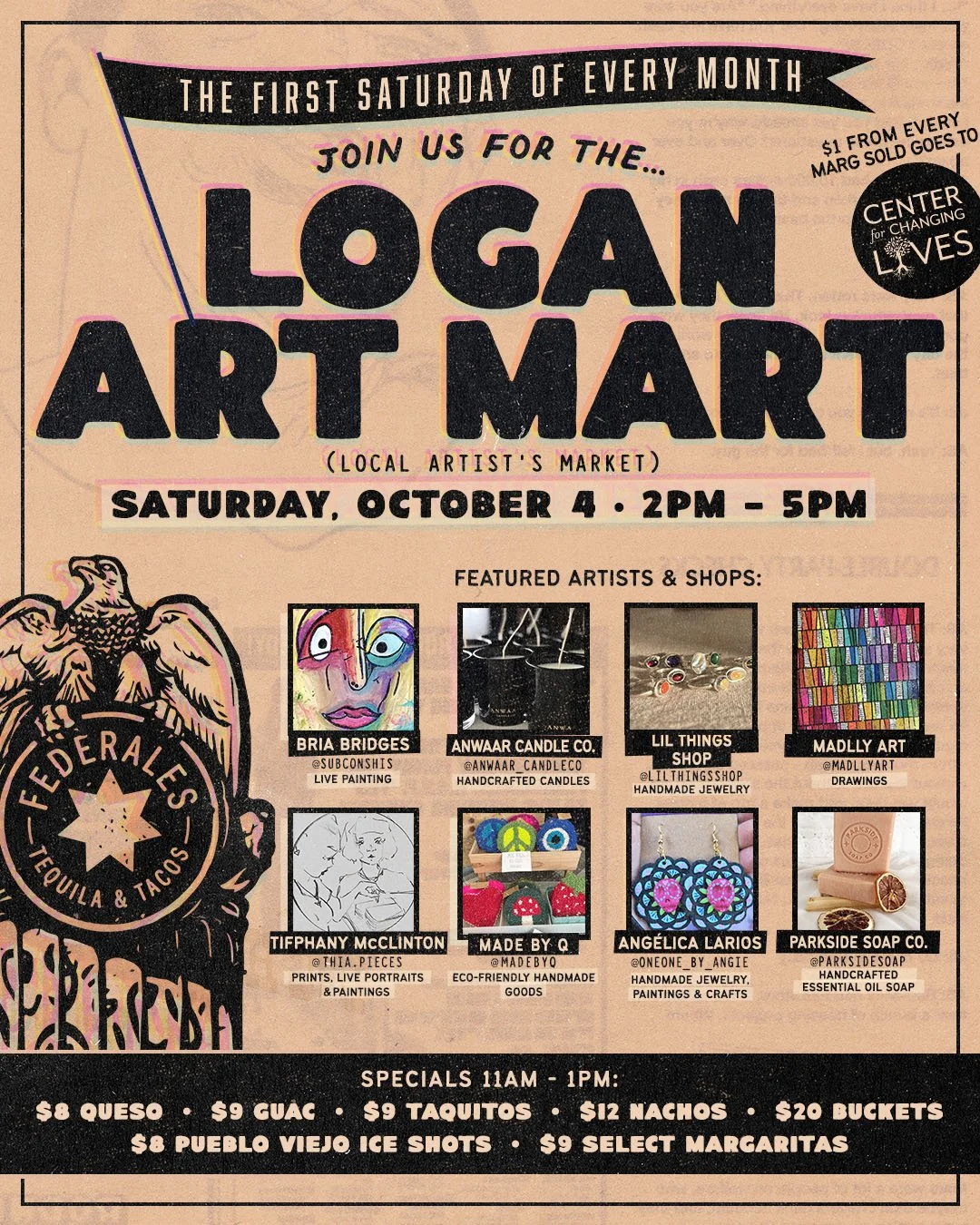 🖐️Who's ready for the weekend? Join us tomorrow 🎉  at @federaleschicago Logan Art Mart where $1 from every margarita sold will be donated to support our mission here at Center for Changing Lives! 🌟

Join us on Saturday, October 4th from 2 PM &ndas