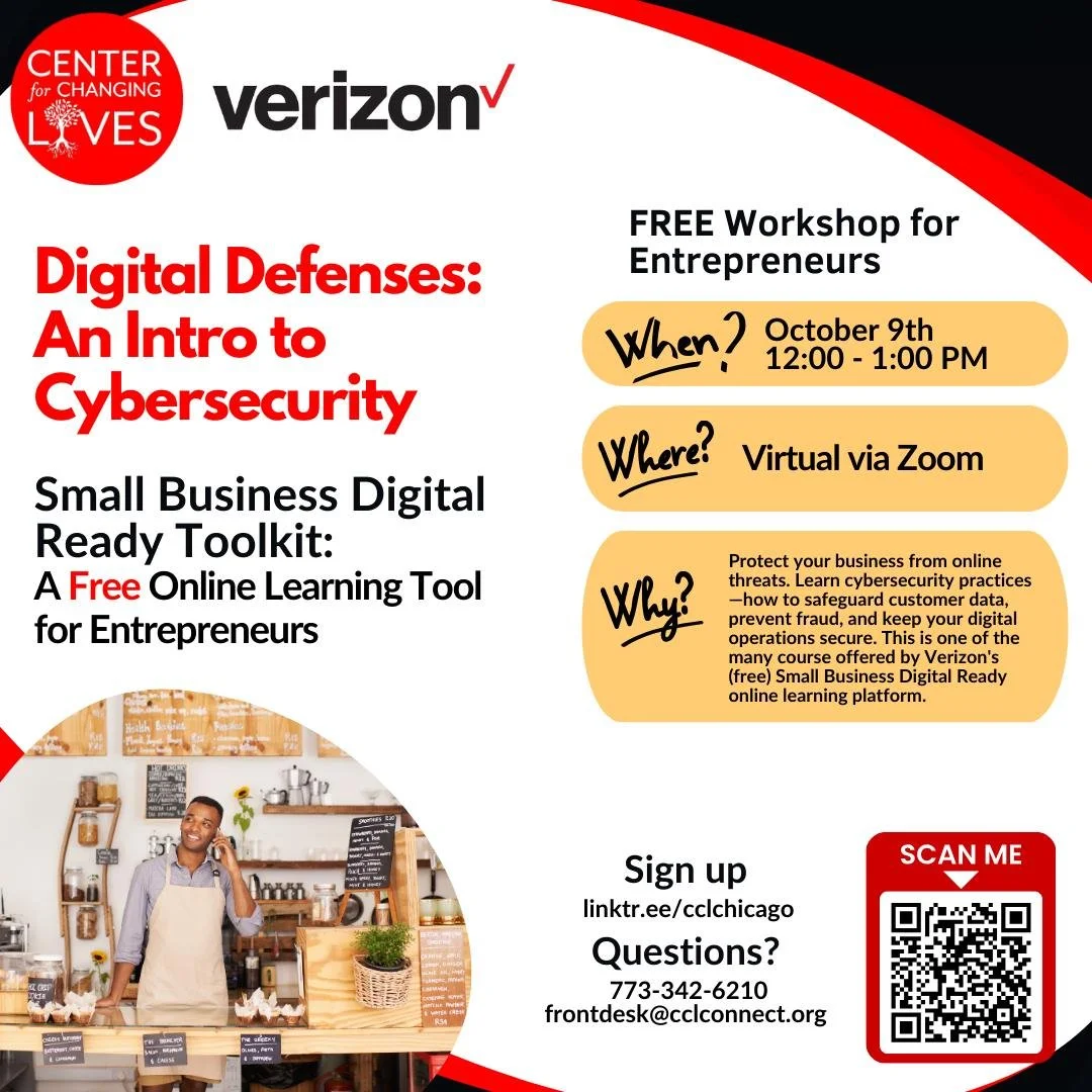 🔐✨ Digital Defenses: An Intro to Cybersecurity ✨🔐

It&rsquo;s happening this week! 🚨
Join us for a FREE webinar on Thursday, October 9th at 12 PM (Virtual) to learn the basics of cybersecurity and how to protect your small business online. 🖥️🛡️
