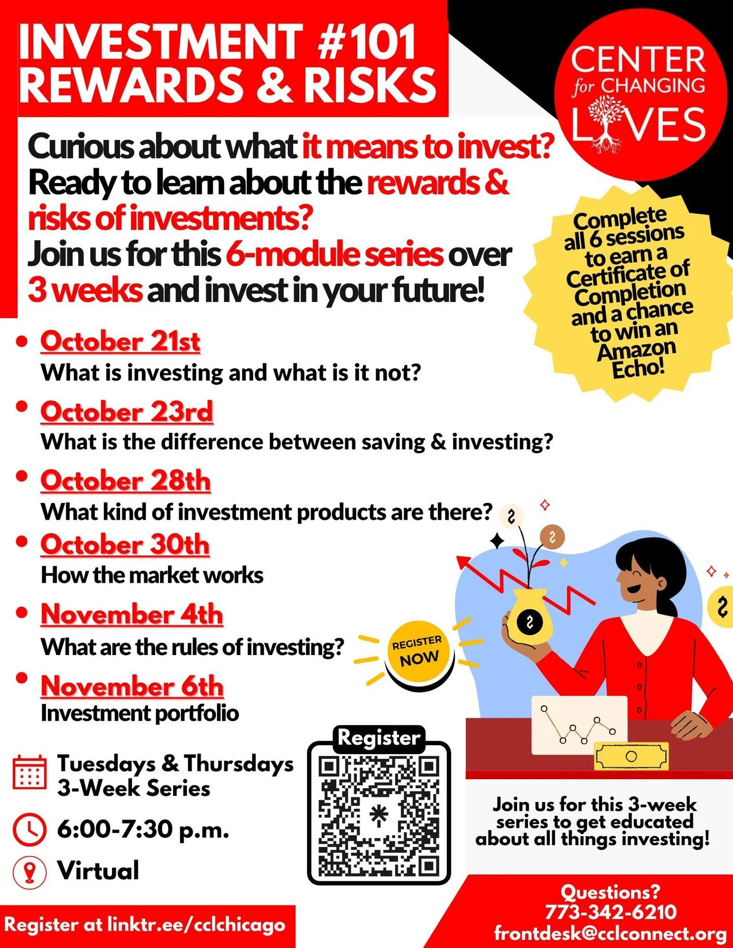 💸 Ready to make your money work for you but not sure where to start? 🤔
We&rsquo;ve got you covered!

Join CCL for a beginner-friendly, 3-week investing workshop series &mdash; happening Tuesdays &amp; Thursdays at 6 PM, starting October 21st! 📈✨

