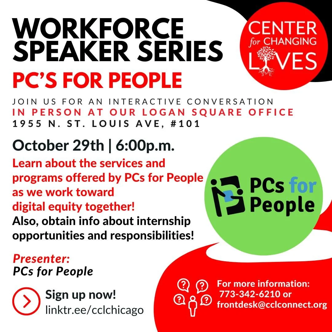 💼✨ Ready to level up your career journey?
Join us for our Workforce Speaker Series with PCs for People and get access to internship opportunities + new strategies to uncover your poder! 😎
📍 CCL's Logan Square Office, 1955 N. St. Louis Ave., #101